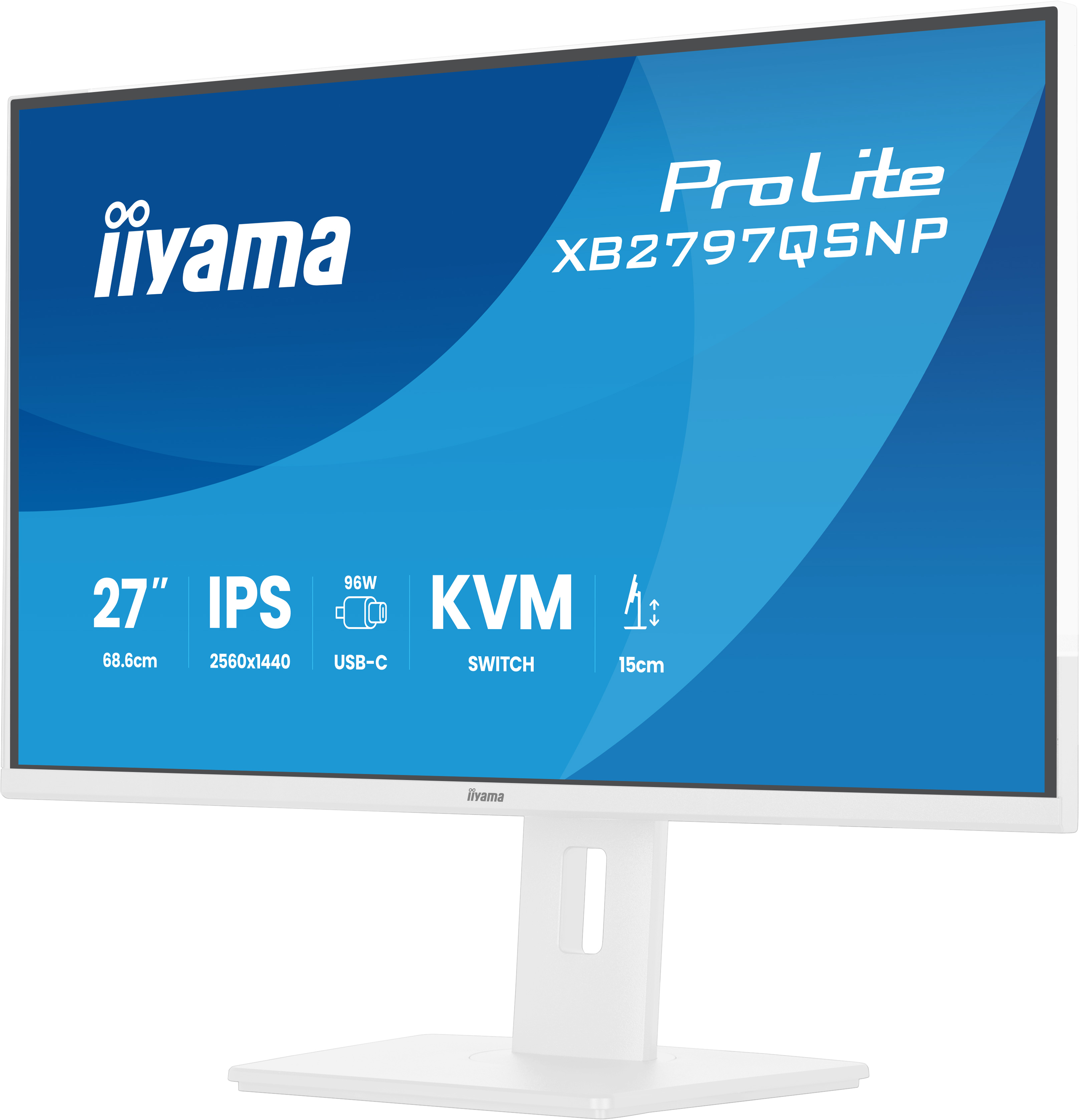 Weißer iiyama ProLite Monitor mit 27" IPS, 2560x1440, 96W USB-C, KVM-Switch.
