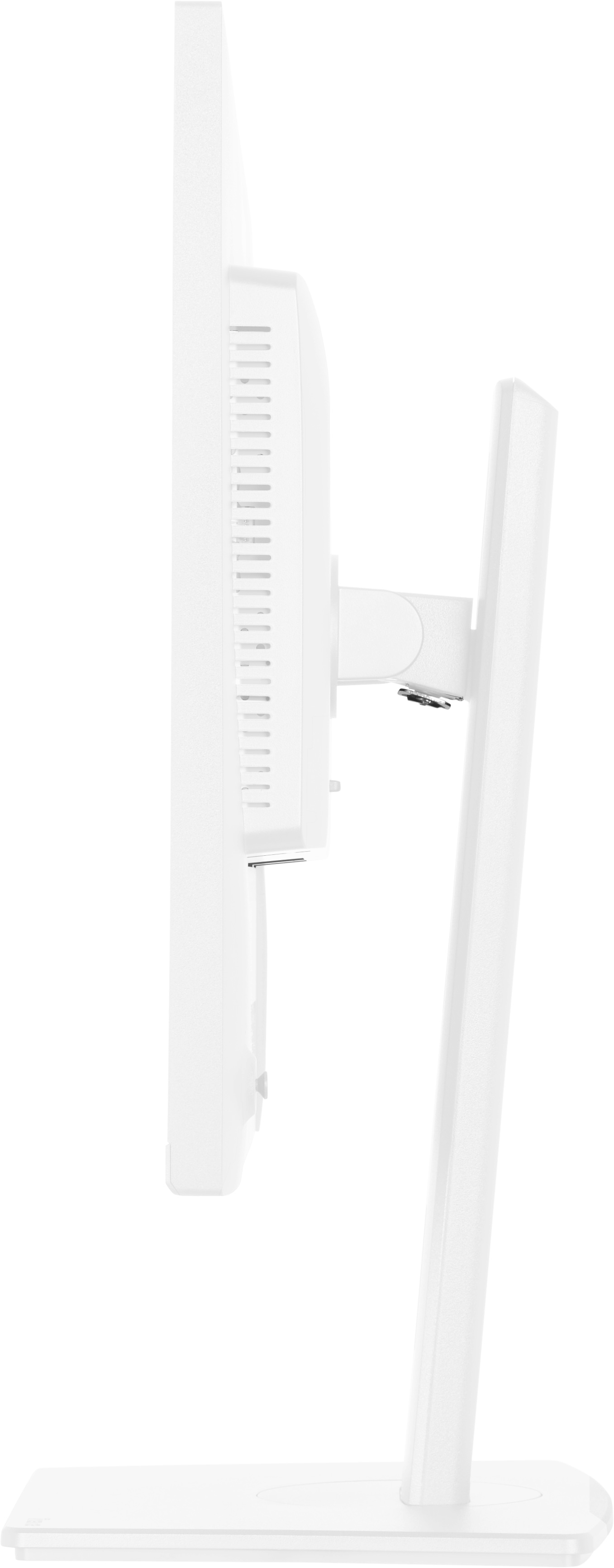 Weiße Computermonitor-Rückseite mit Lüftungsschlitzen und Ständer.