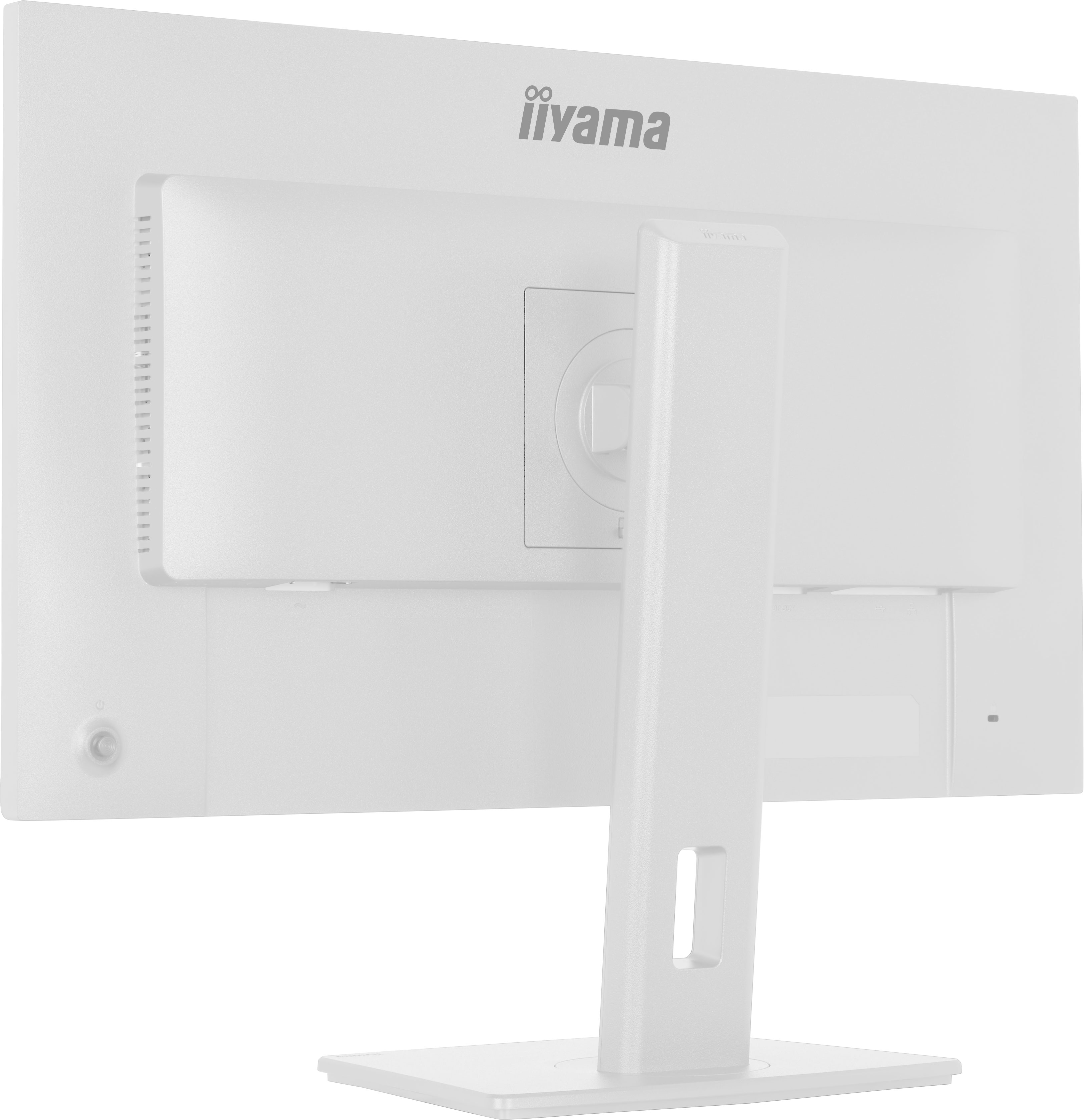 Rückseite eines weißen iiyama Monitors mit Standfuß und Anschlüssen.