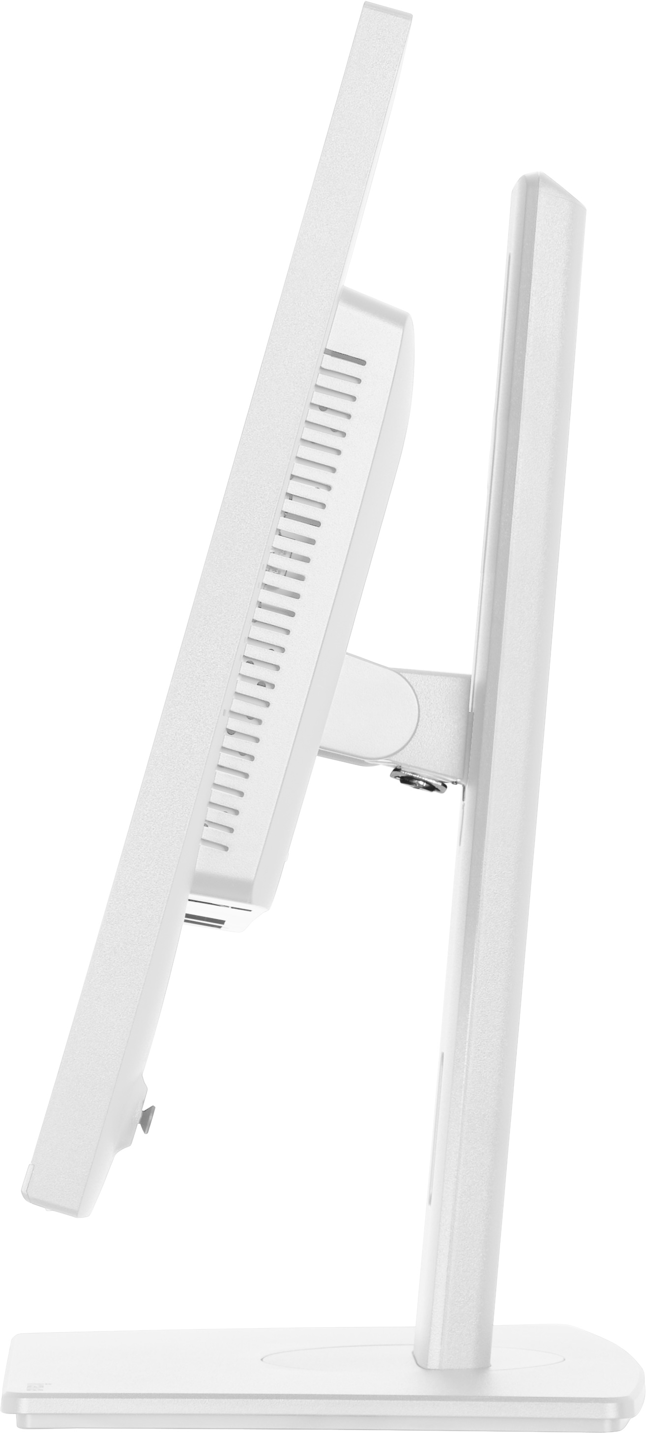 Seitenansicht eines weißen Monitors auf einem Sockel, mit Lüftungsschlitzen.