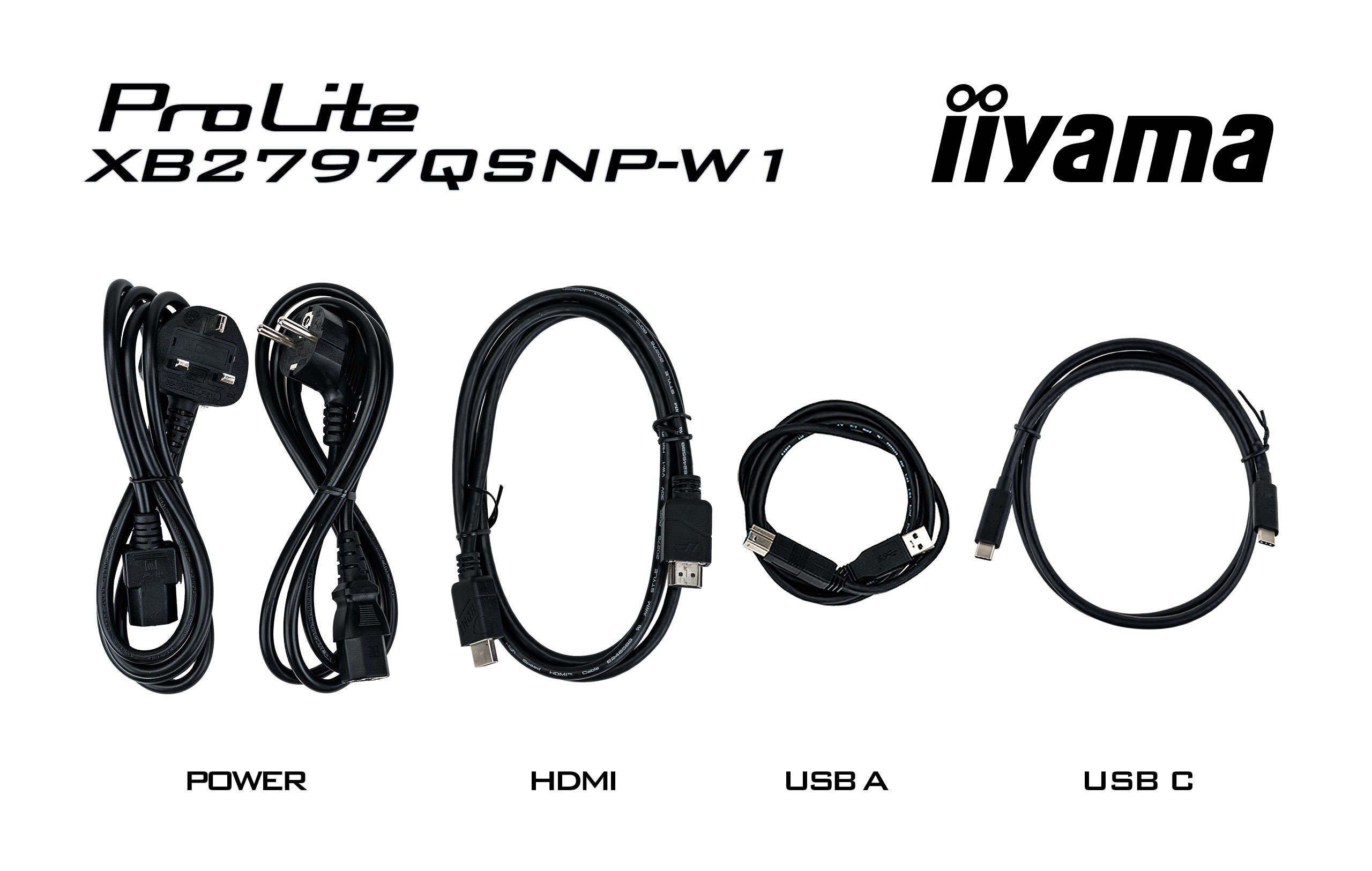Fünf schwarze Kabel: Strom, HDMI, USB-A, USB-C, mit Beschriftungen.