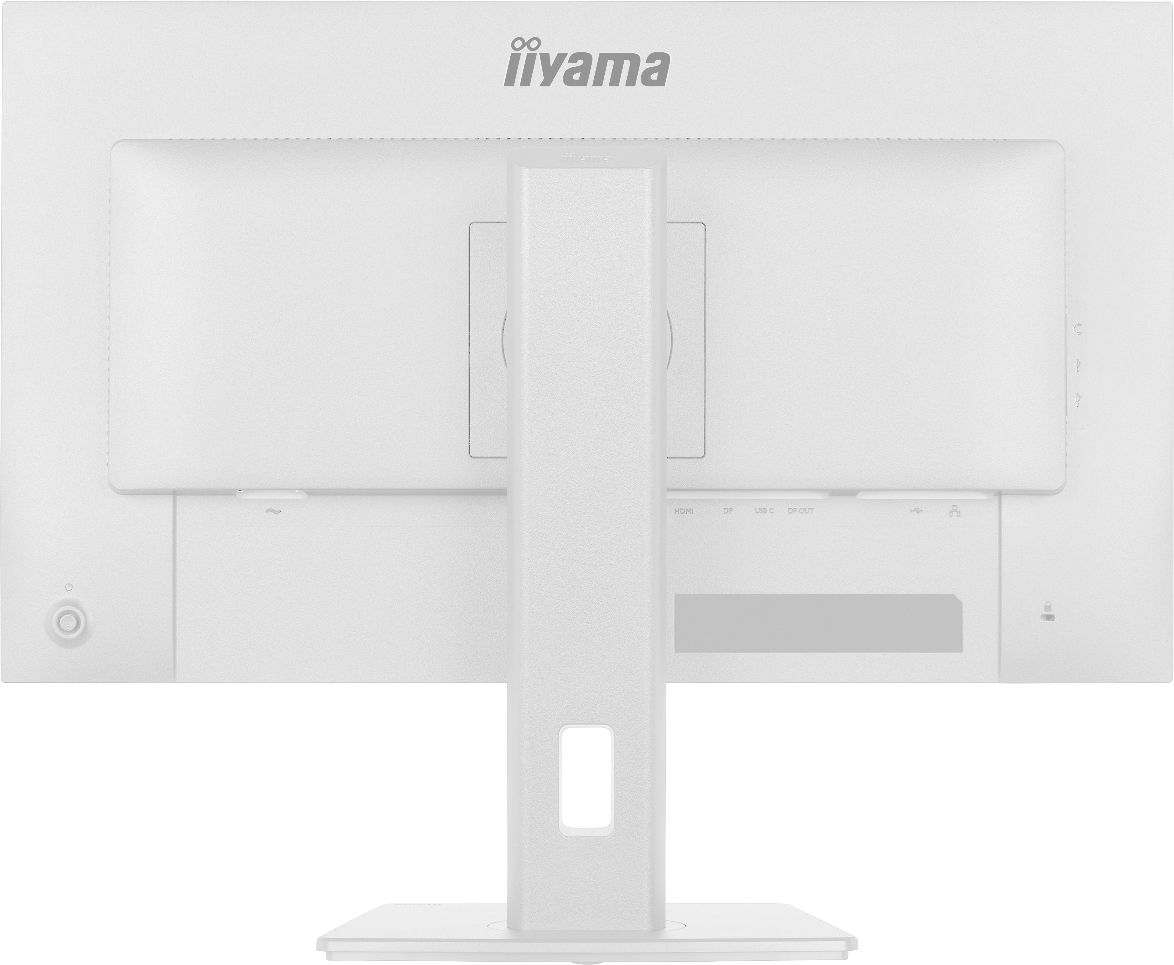 Rückseite eines weißen Monitors mit Anschlüssen wie HDMI, DP, USB-C und Netzschalter.
