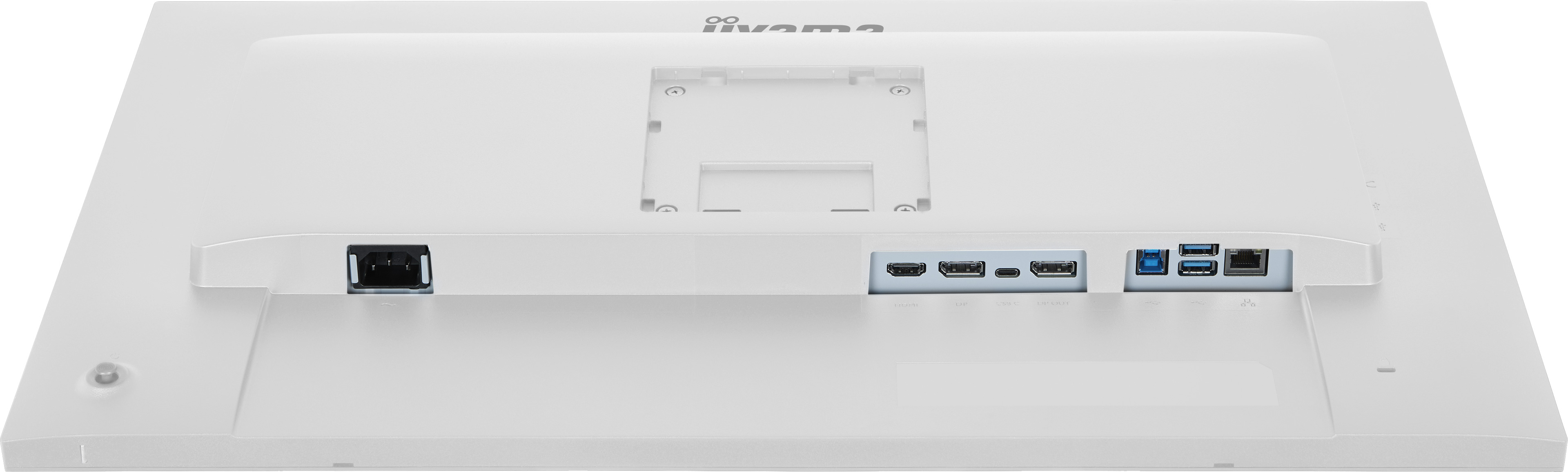 Rückseite eines weißen Monitors mit Anschlüssen: Strom, HDMI, USB-C, DP, USB-A und Ethernet.