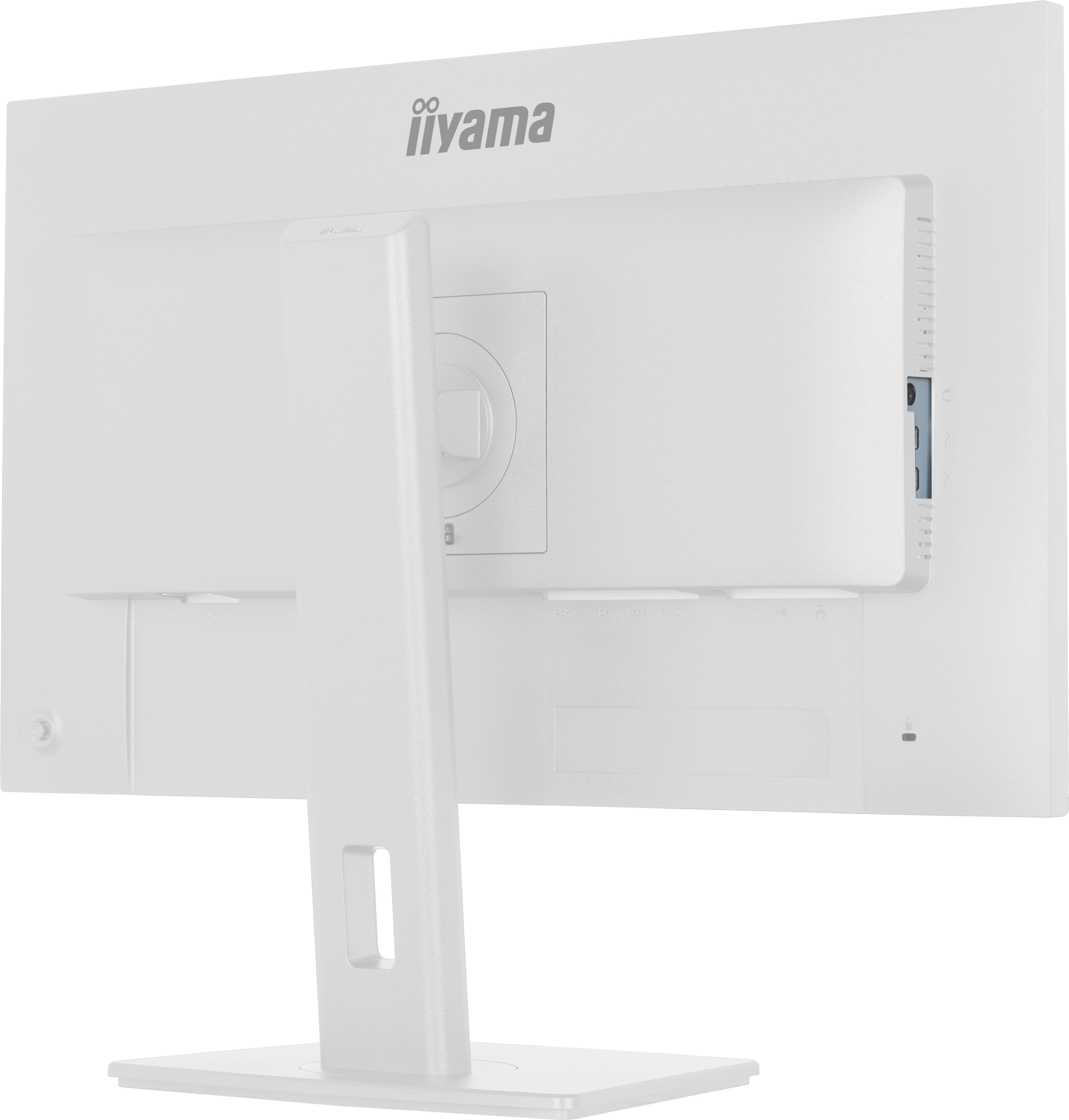 Die Rückseite eines weißen iiyama Monitors mit Anschlussbuchsen.