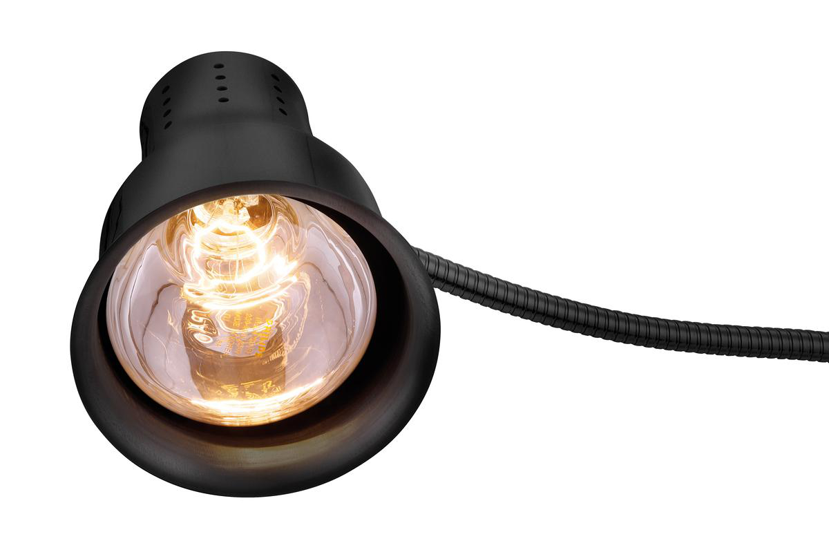 Schwarze Lampe mit Glühbirne und flexiblem Arm auf weißem Hintergrund.