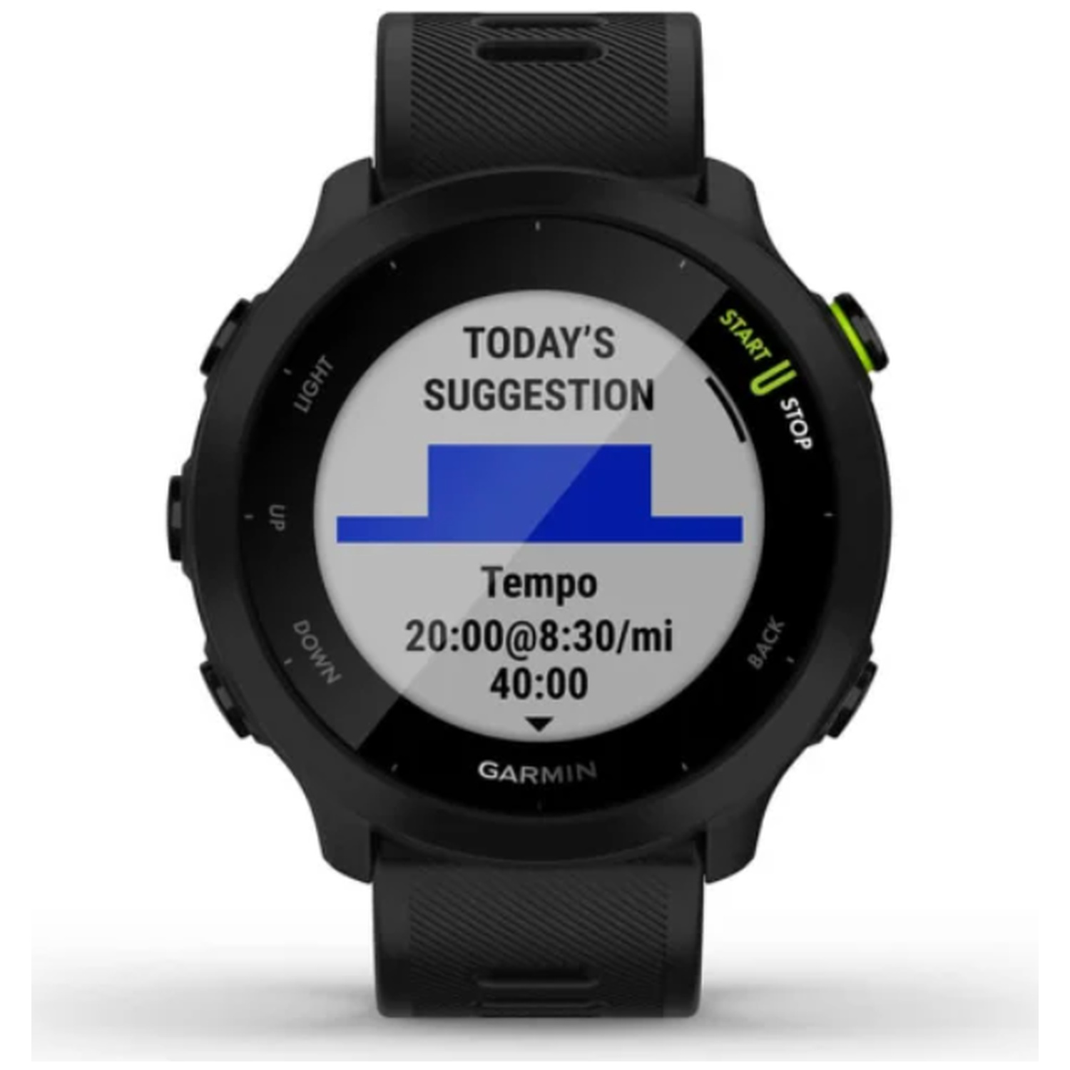 Black Garmin smartwatch showing a training suggestion for tempo, distance, and time.