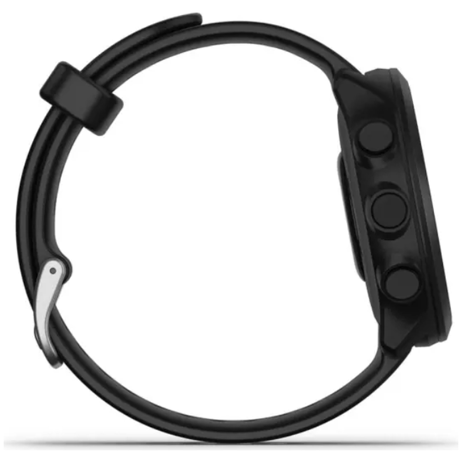 Black smartwatch with silver buckle, side view.