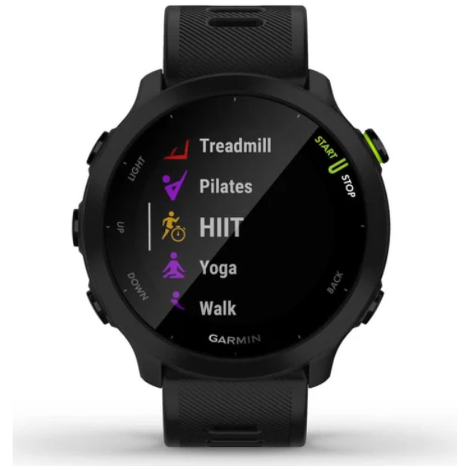Black Garmin smartwatch displaying sport modes: Treadmill, Pilates, HIIT, Yoga, Walk.