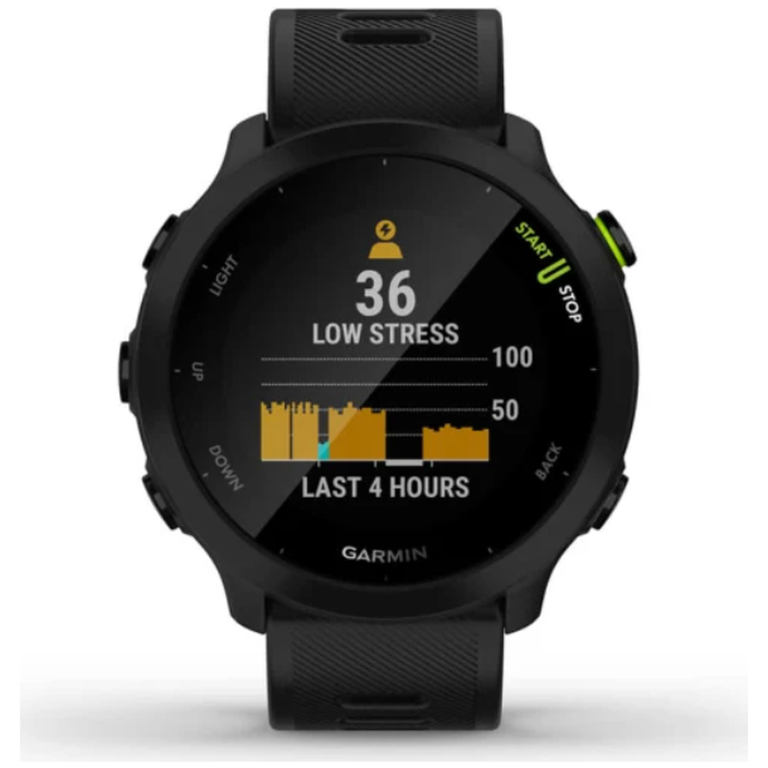 Black Garmin smartwatch displays stress level of 36/100 for the last 4 hours.