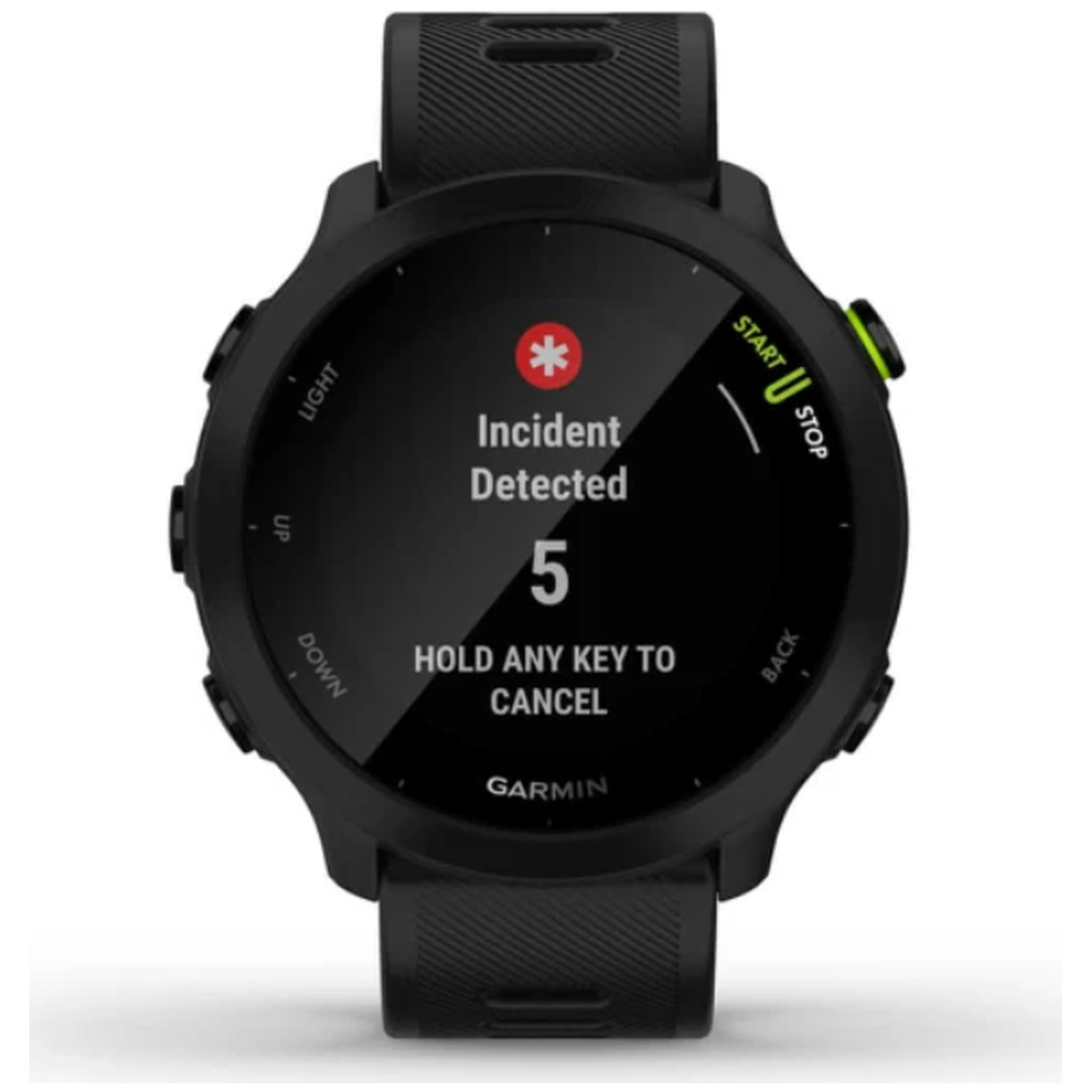 Black Garmin smartwatch displaying an 'Incident Detected' message on screen.
