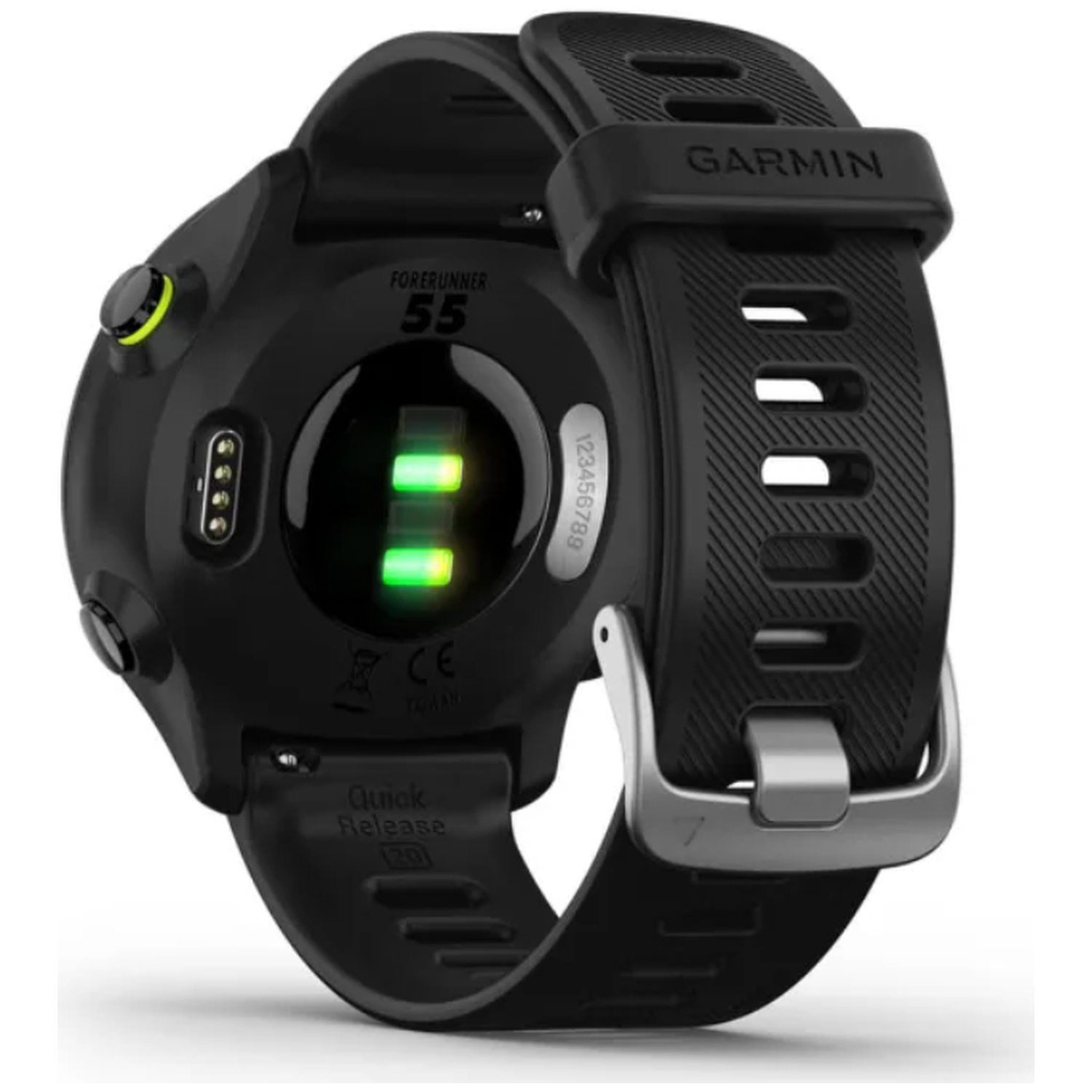 Black Garmin Forerunner 55 smartwatch with heart rate sensor and buckle.