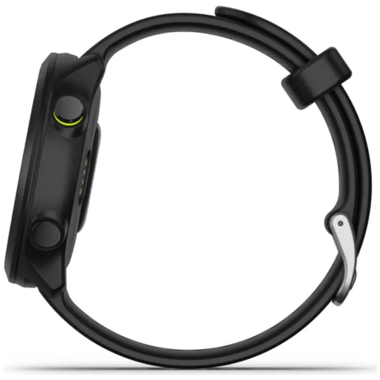 Black smartwatch with silver buckle, side view.