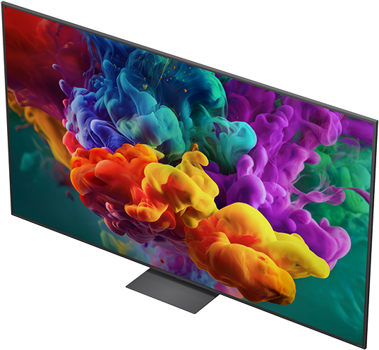 Egy modern TV élénk, színes füstművészetet jelenít meg fekete háttér előtt.