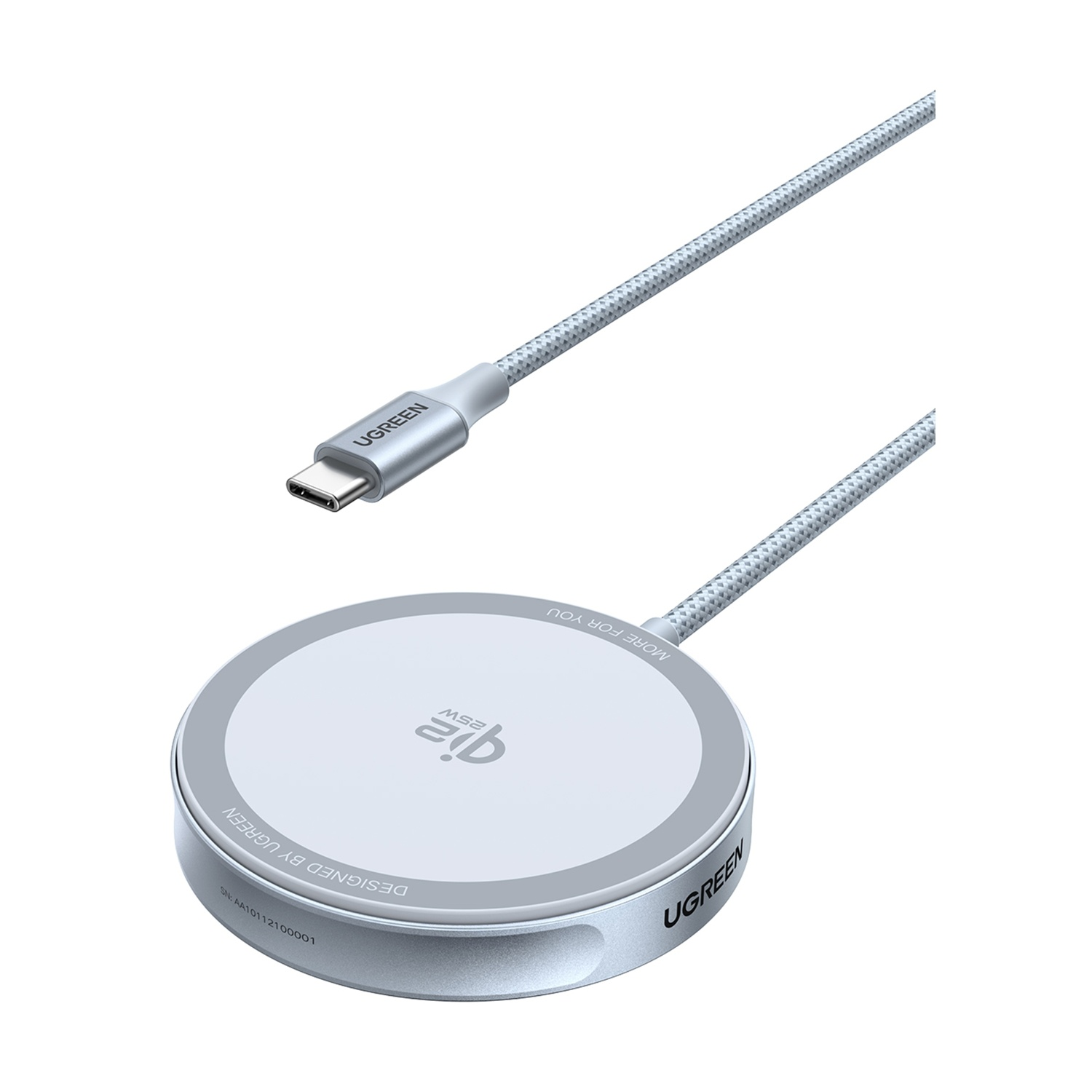 Caricatore wireless UGREEN argento con cavo USB-C. Logo Qi visibile.