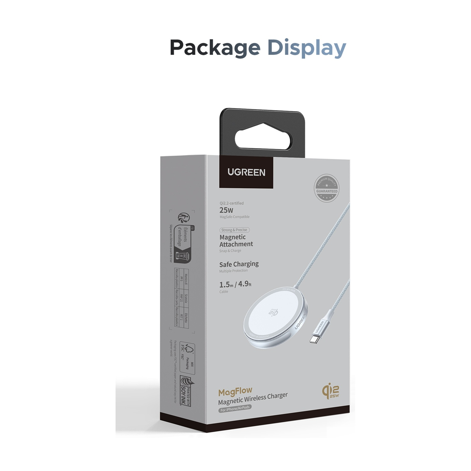 Caricabatterie wireless magnetico UGREEN MagFlow 25W con cavo e confezione.