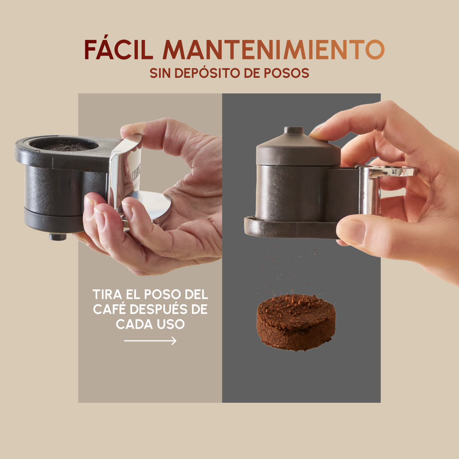 Manos muestran desechos de café, una porción cayendo.