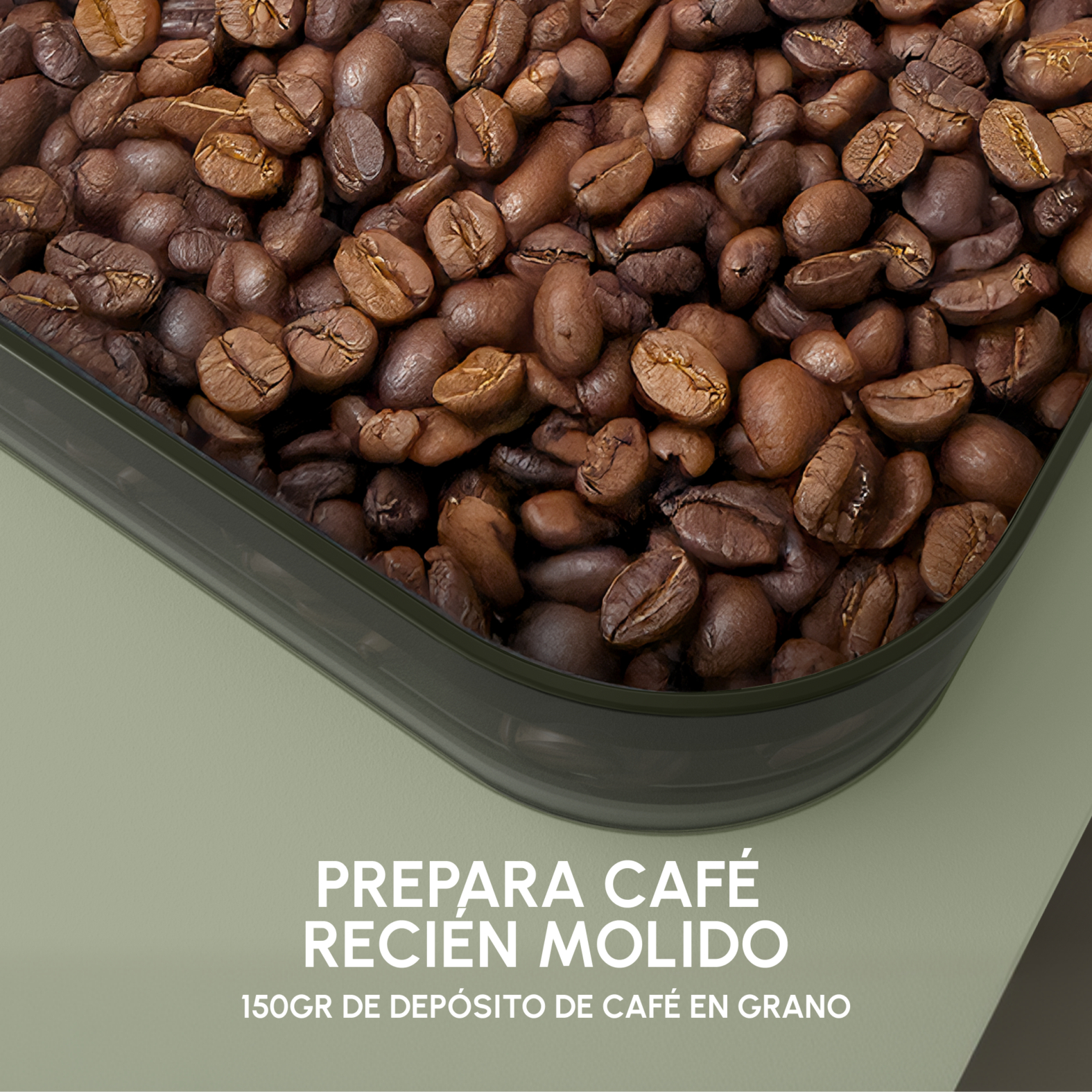 Primer plano de granos de café tostados en un recipiente, con texto.