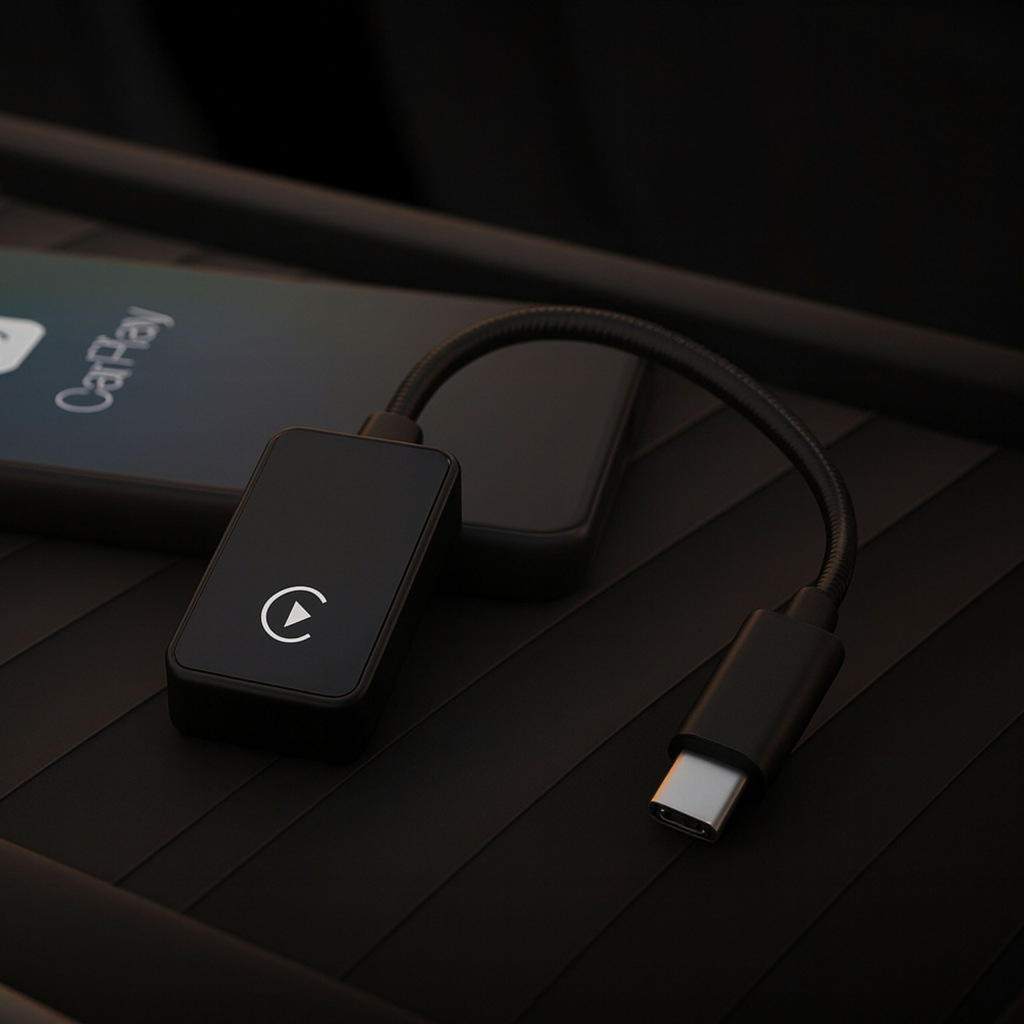 Czarny adapter CarPlay ze złączem USB-C leży na ciemnym wnętrzu samochodu.