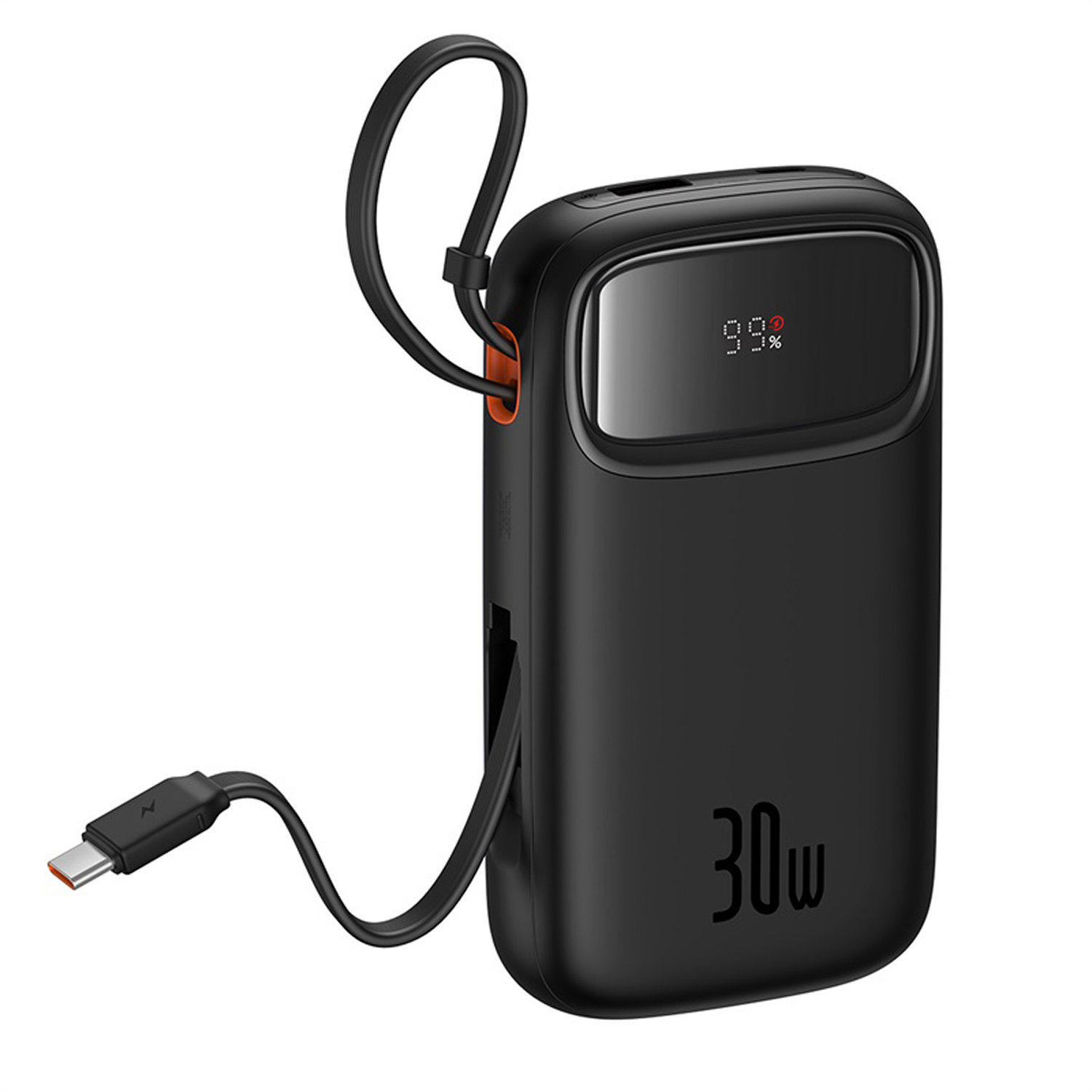Batería externa negra de 30W con pantalla digital y cable USB-C.