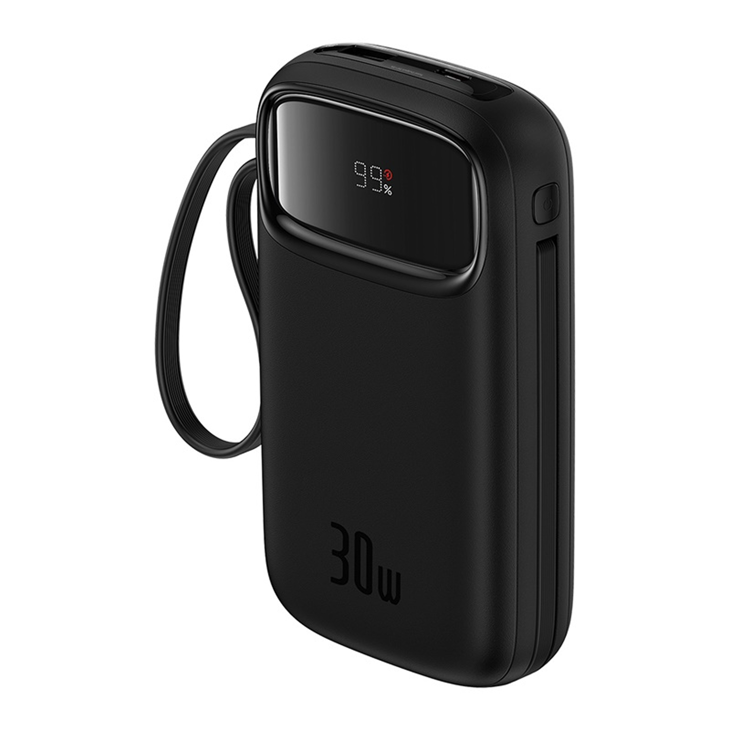 Batería externa negra con 99% de carga y marca de 30W, con cordón.
