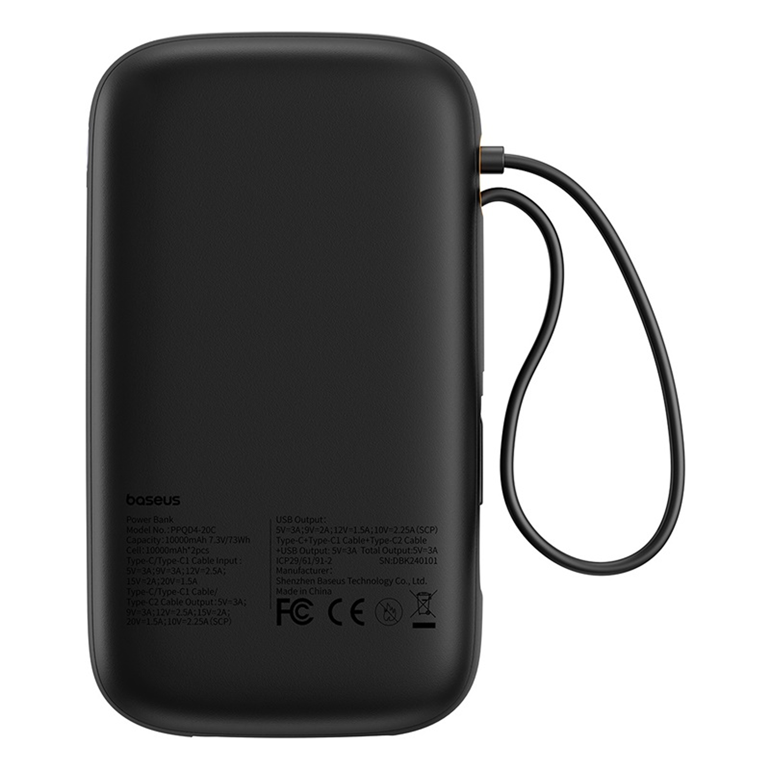 Power bank Baseus negra con cordón y especificaciones técnicas.
