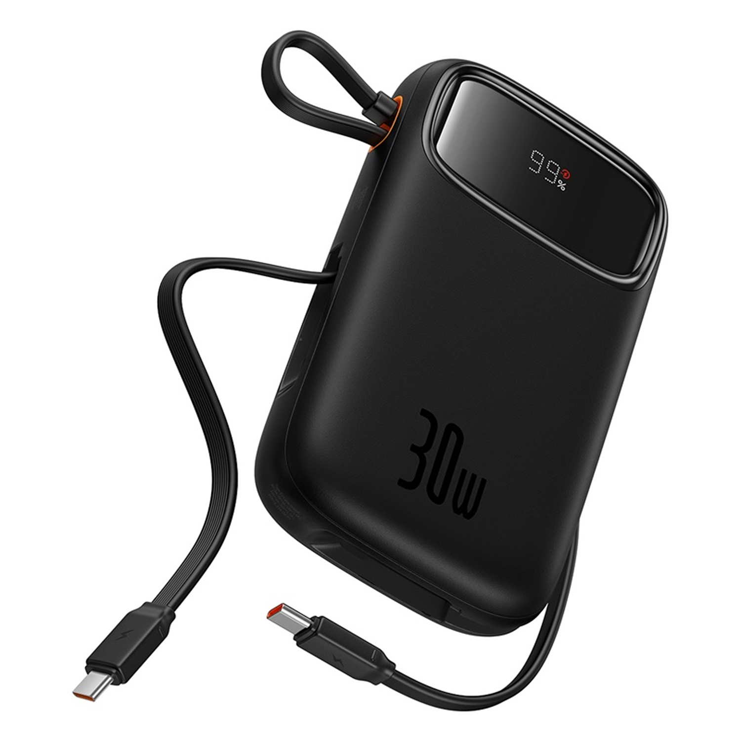Batería externa negra de 30W con 99% de carga, incluye cables