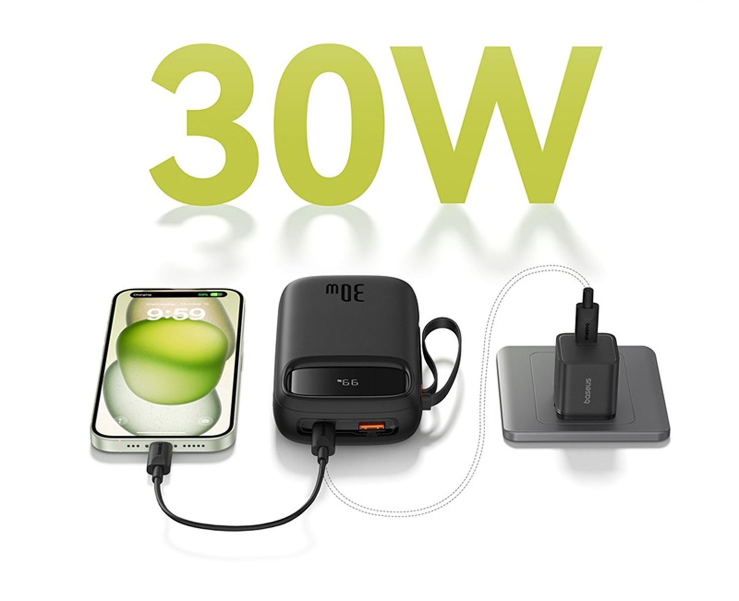 Power bank de 30W cargando un teléfono y conectada a adaptador.