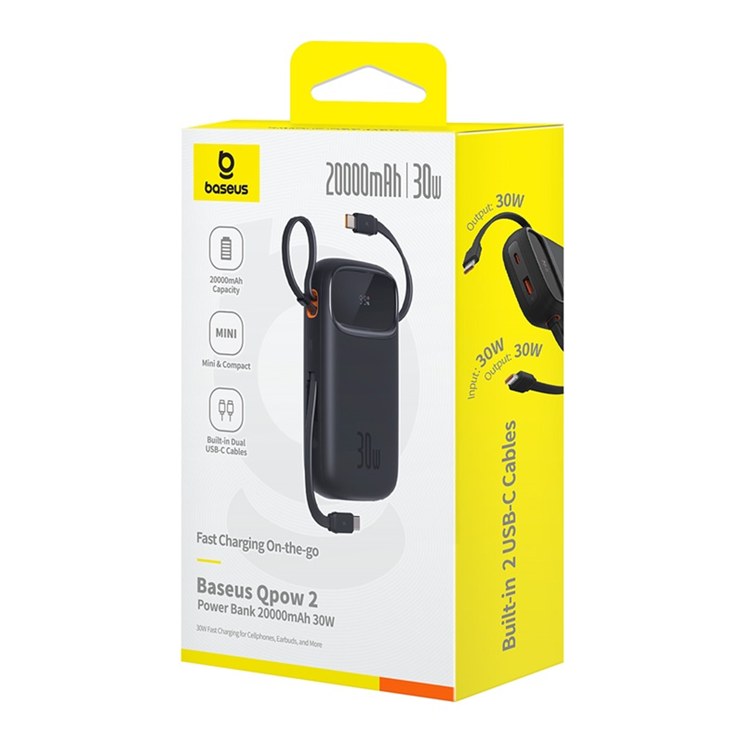 Baseus Qpow 2 Power Bank 20000mAh 30W con dos cables USB-C integrados.