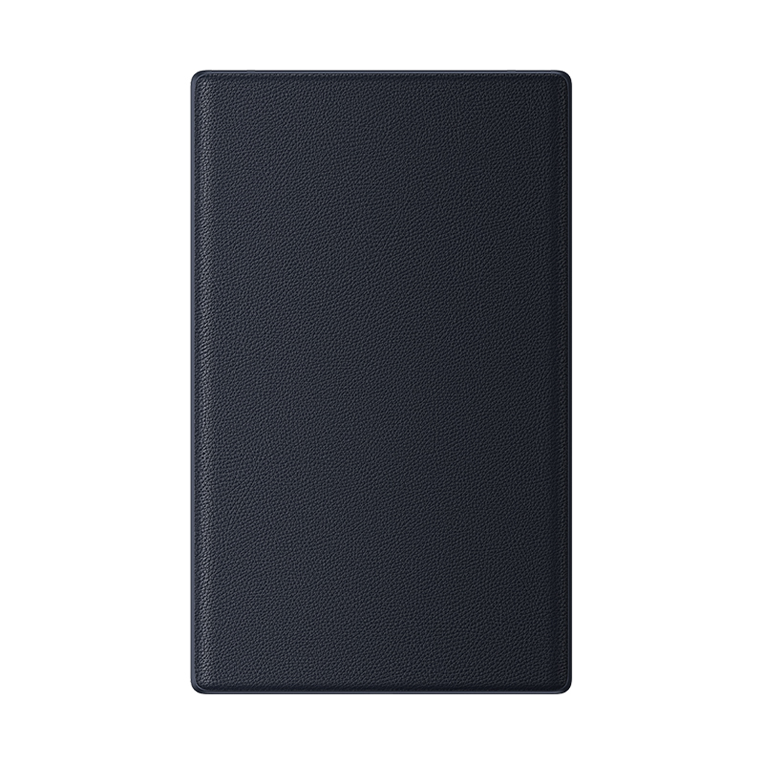 Un cuaderno azul oscuro, de tapa de cuero, con superficie texturizada.