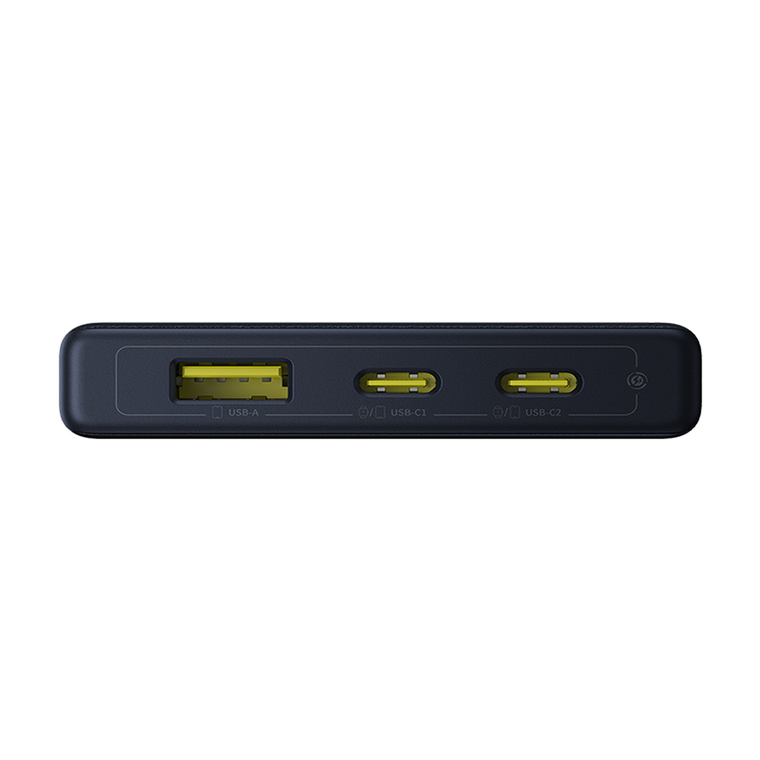 Carcasa de power bank negra con tres puertos: USB-A, USB-C1 y USB-C2.