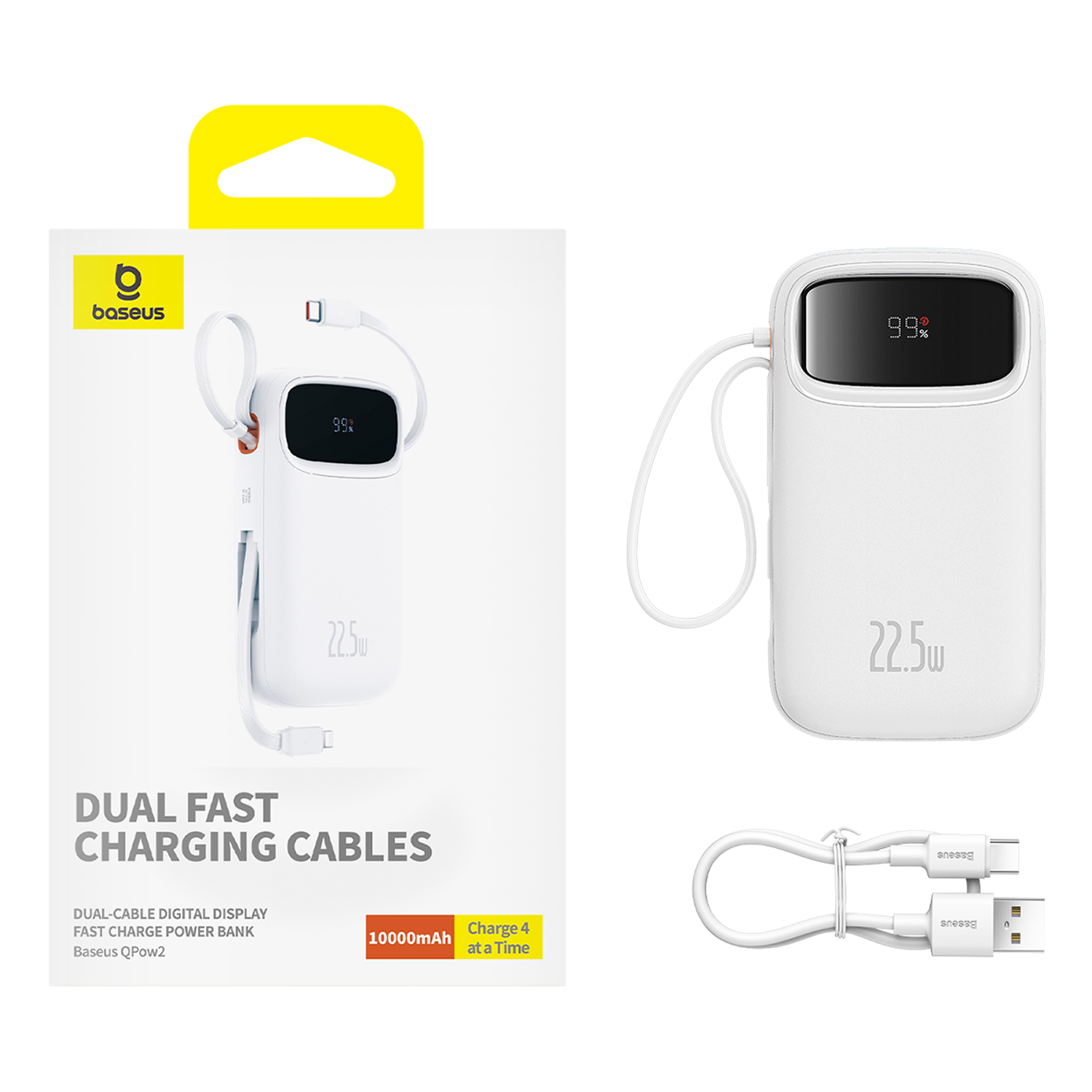 Batería externa blanca con pantalla digital, 99% cargada, 22,5W. Incluye cable.