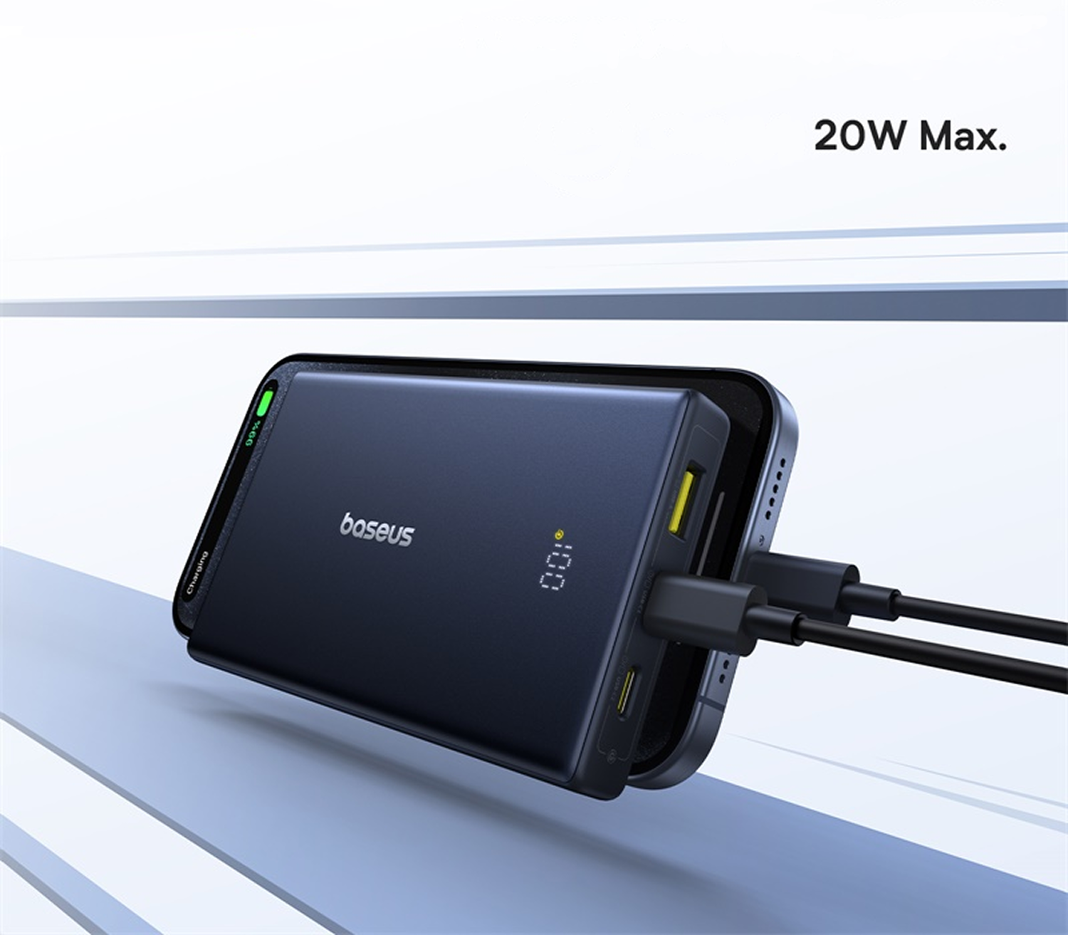 Cargador Baseus azul oscuro con dos cables cargando un smartphone.