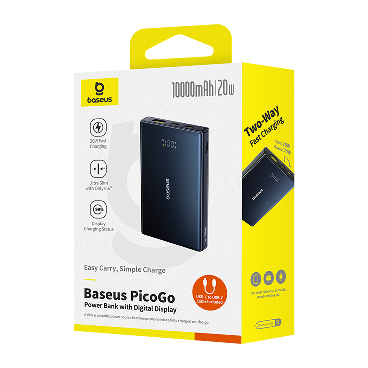 Embalaje de un power bank Baseus PicoGo azul oscuro de 10000mAh y 20W.