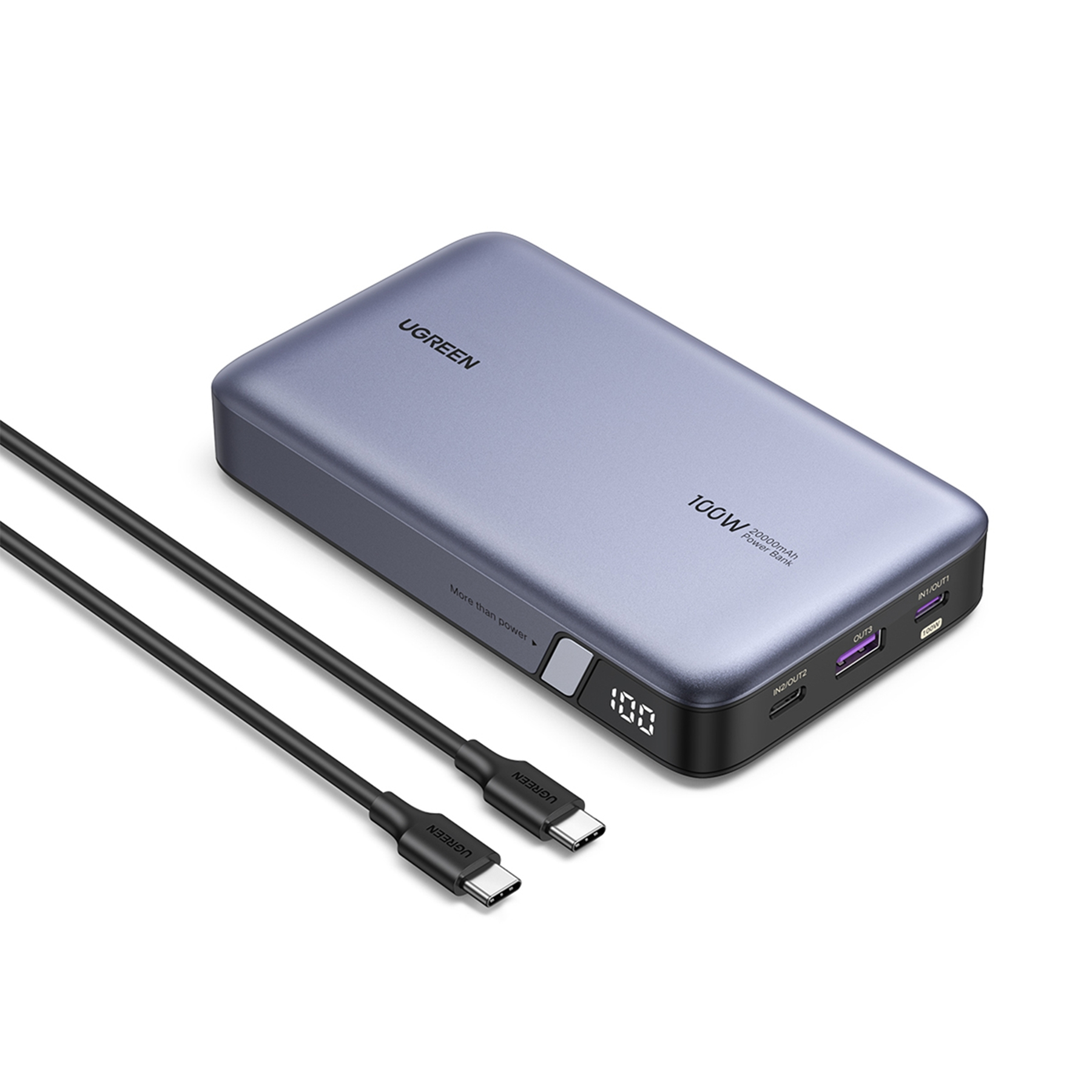 Power bank UGREEN grigio 100W, 20000mAh, con due cavi USB-C.