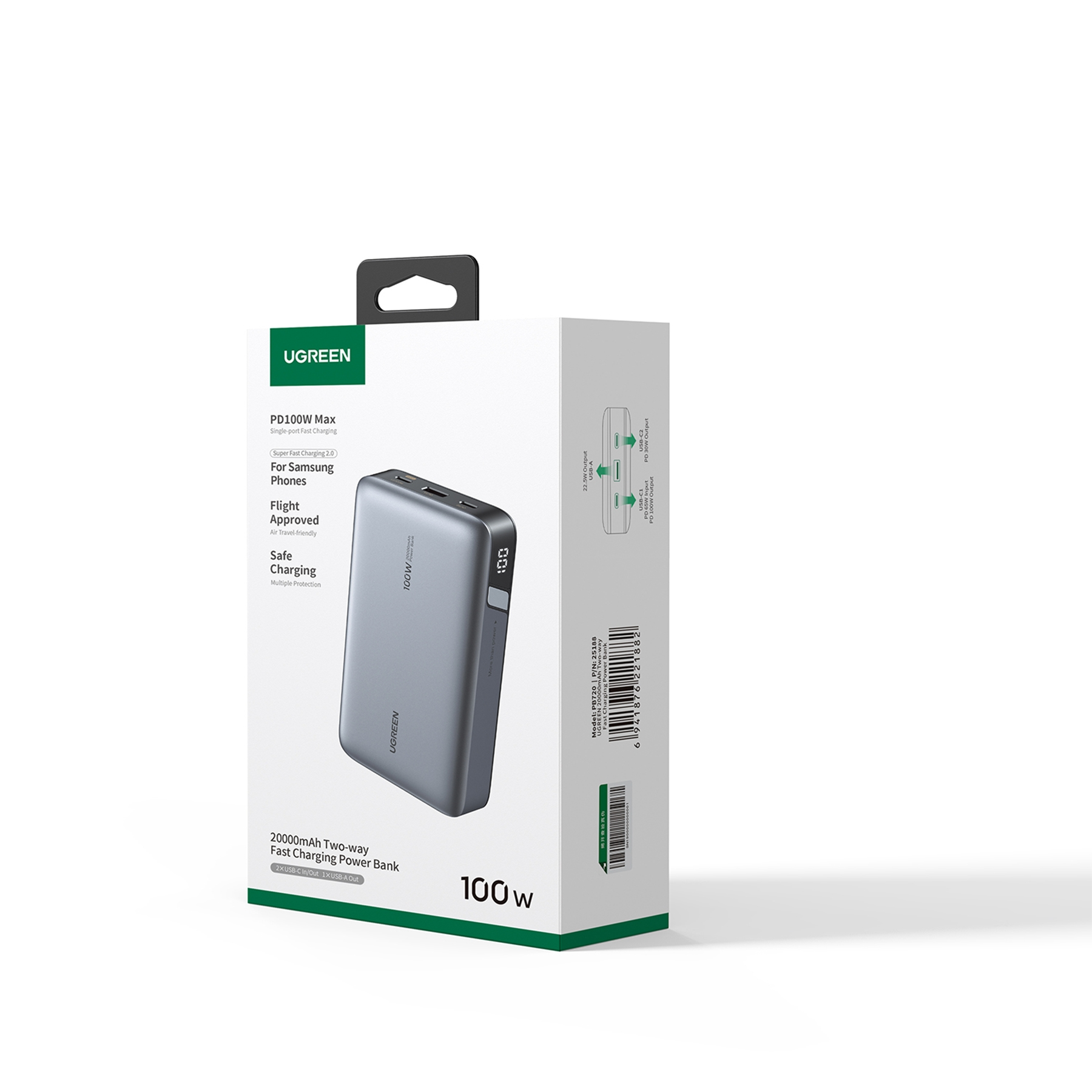 Power bank UGREEN grigio 20000mAh con uscita 100W sulla scatola. Ricarica rapida.
