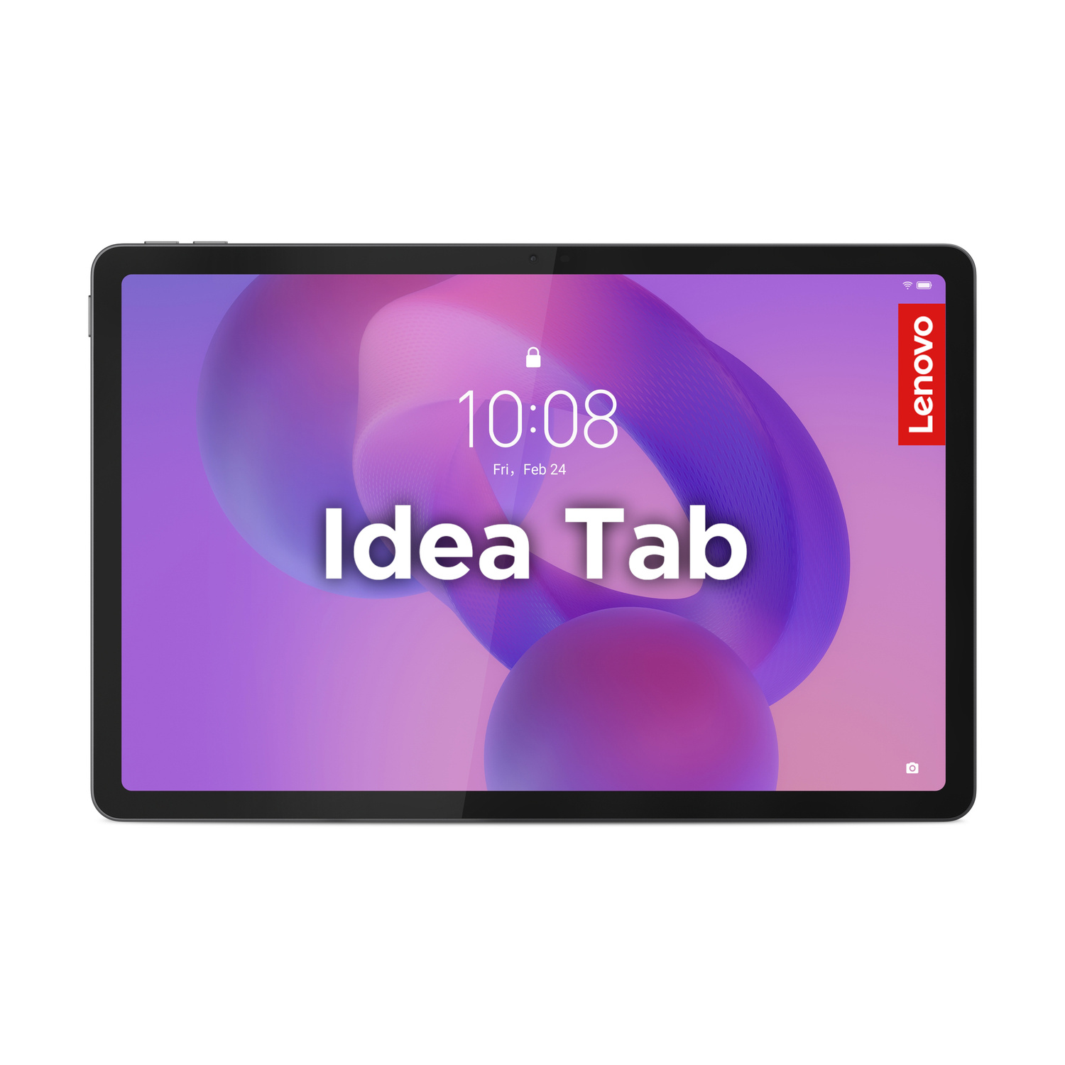 Un Lenovo Idea Tab nero con sfondo viola che mostra le 10:08.