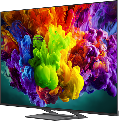 Egy modern TV élénk színű tintafelhők képet jelenít meg.