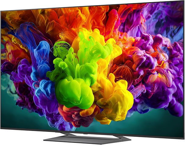 Egy nagy TV zöld, kék, sárga, narancssárga és lila színű, vibráló, örvénylő füstfelhőket jelenít meg.