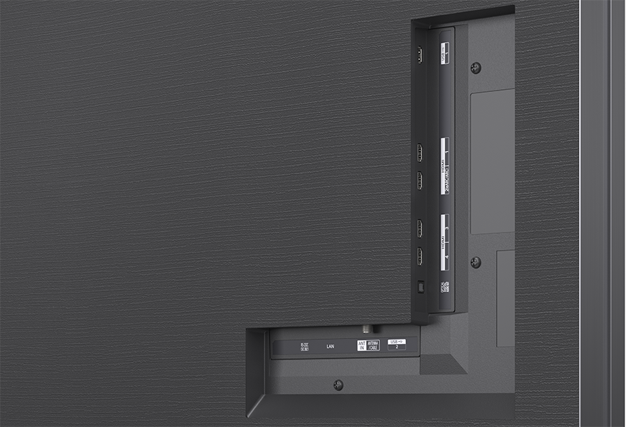 TV hátulja csatlakozókkal: HDMI, USB, LAN, Antenna.