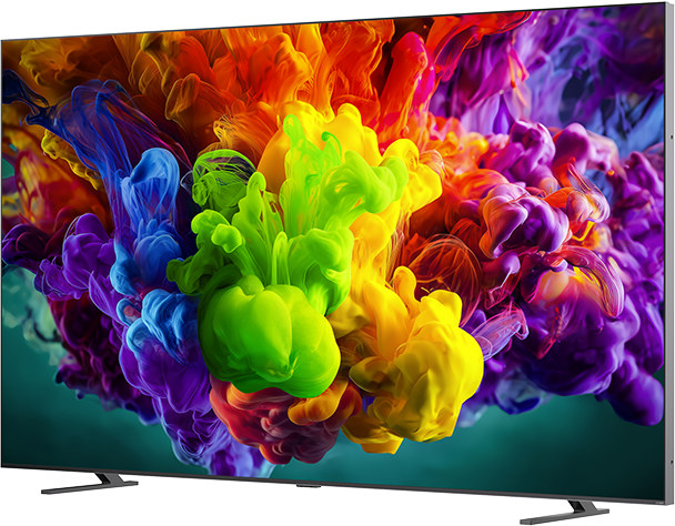 Egy modern televízió élénk, absztrakt képet mutat színes tintafelhőkből.