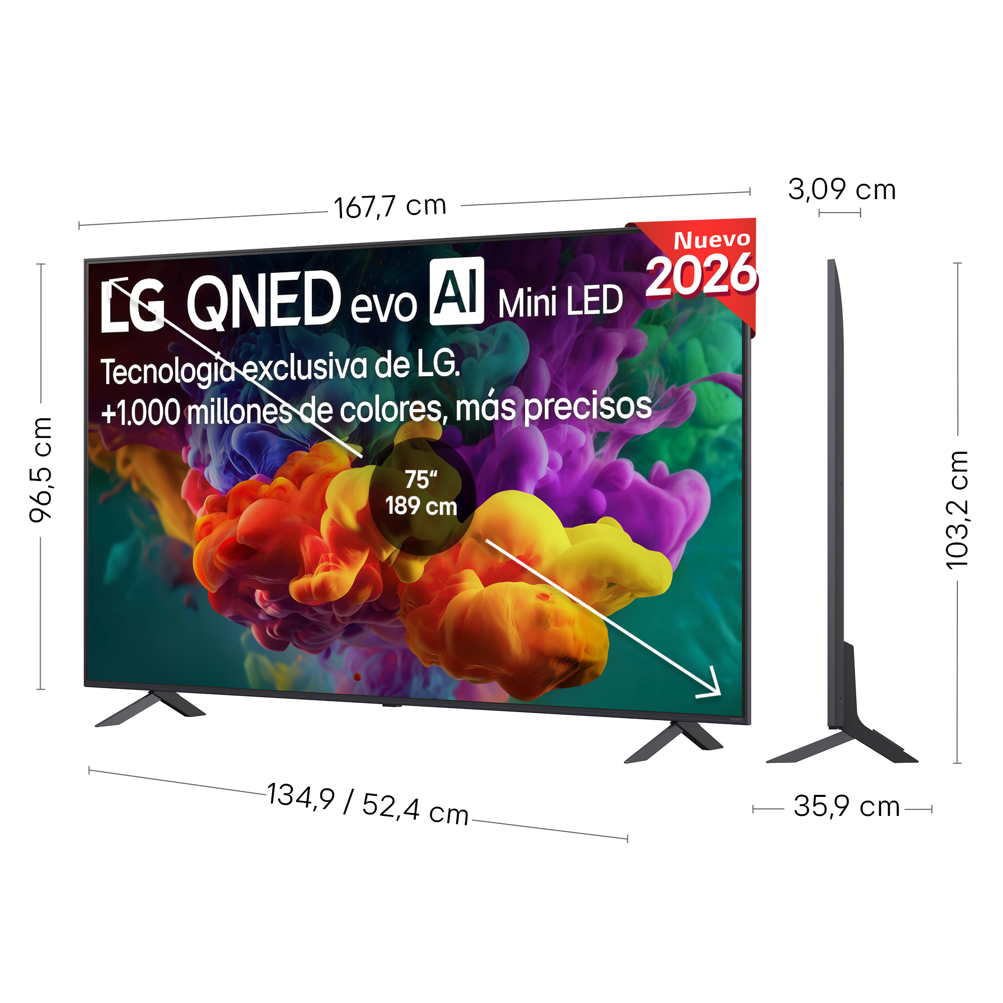 TV LG QNED evo AI Mini LED, 167,7cm ancho, 96,5cm alto. Muestra humo abstracto colorido.