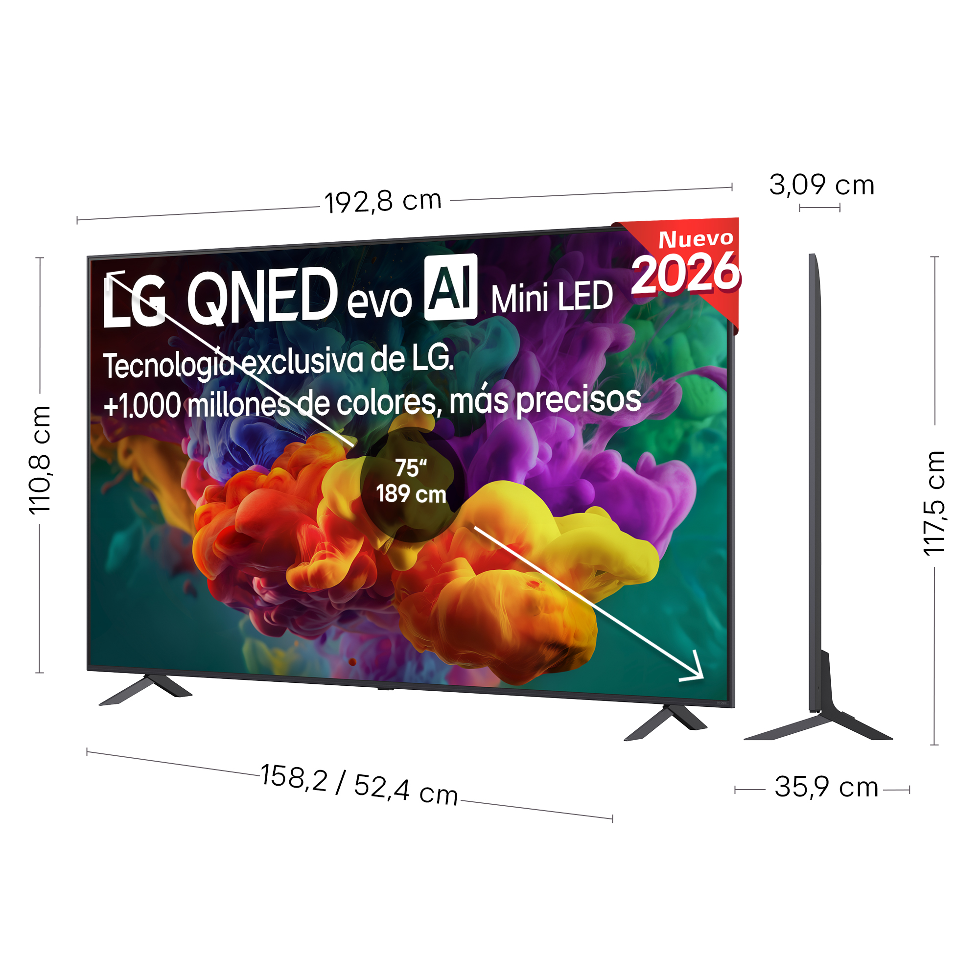 TV LG QNED evo AI Mini LED, 192,8 cm ancho, 110,8 cm alto.