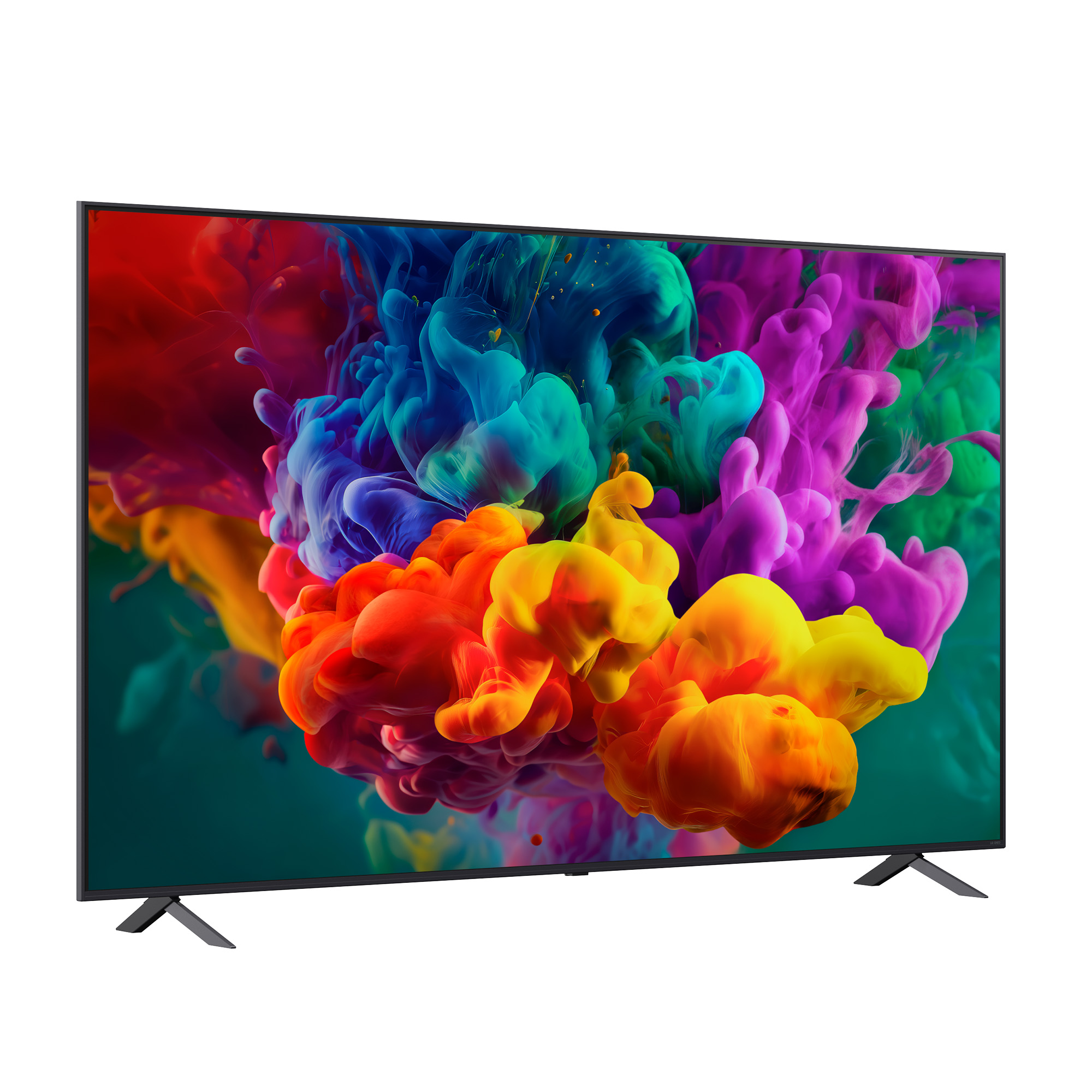 Televisor moderno con diseño de humo colorido en pantalla y soportes negros.