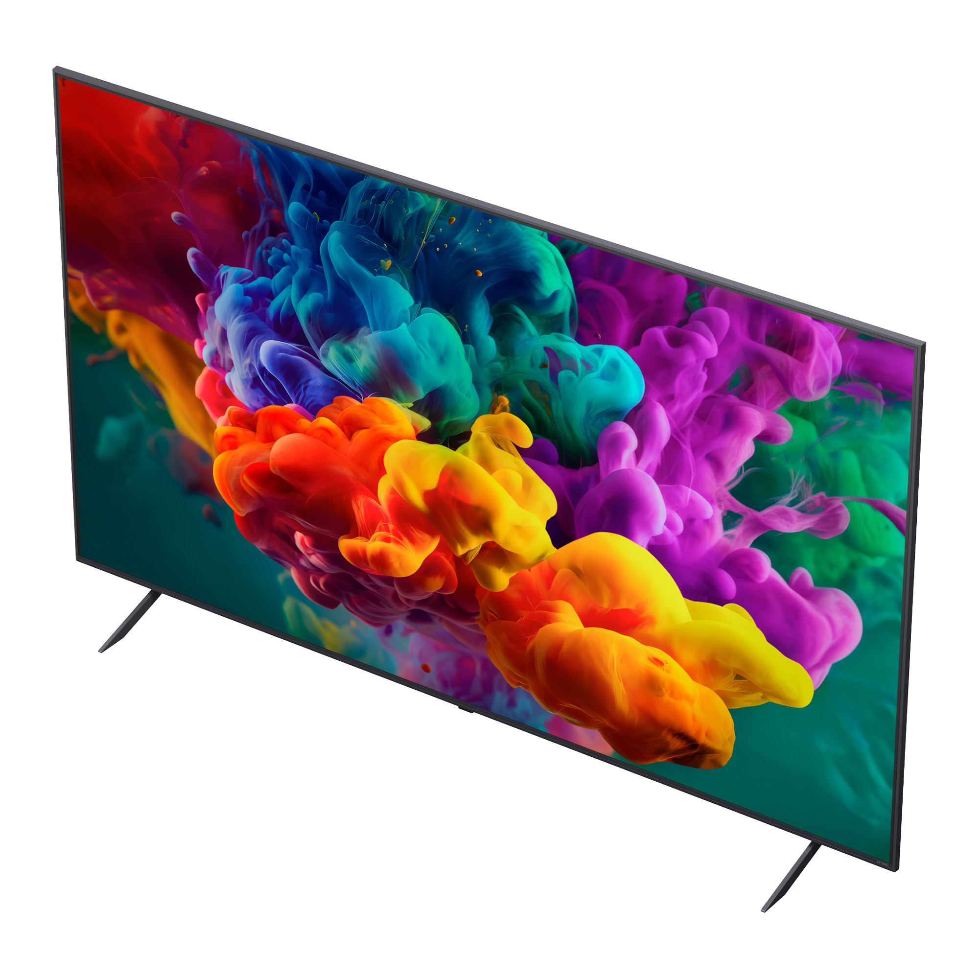 Un televisor moderno de pantalla plana con coloridas explosiones de tinta.