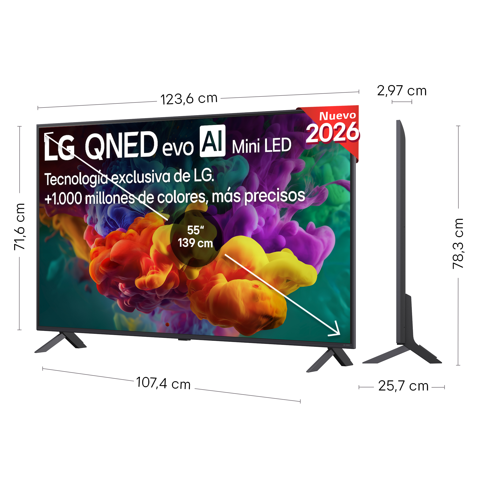 TV LG QNED Mini LED, 55 pulgadas, con dimensiones y especificaciones.