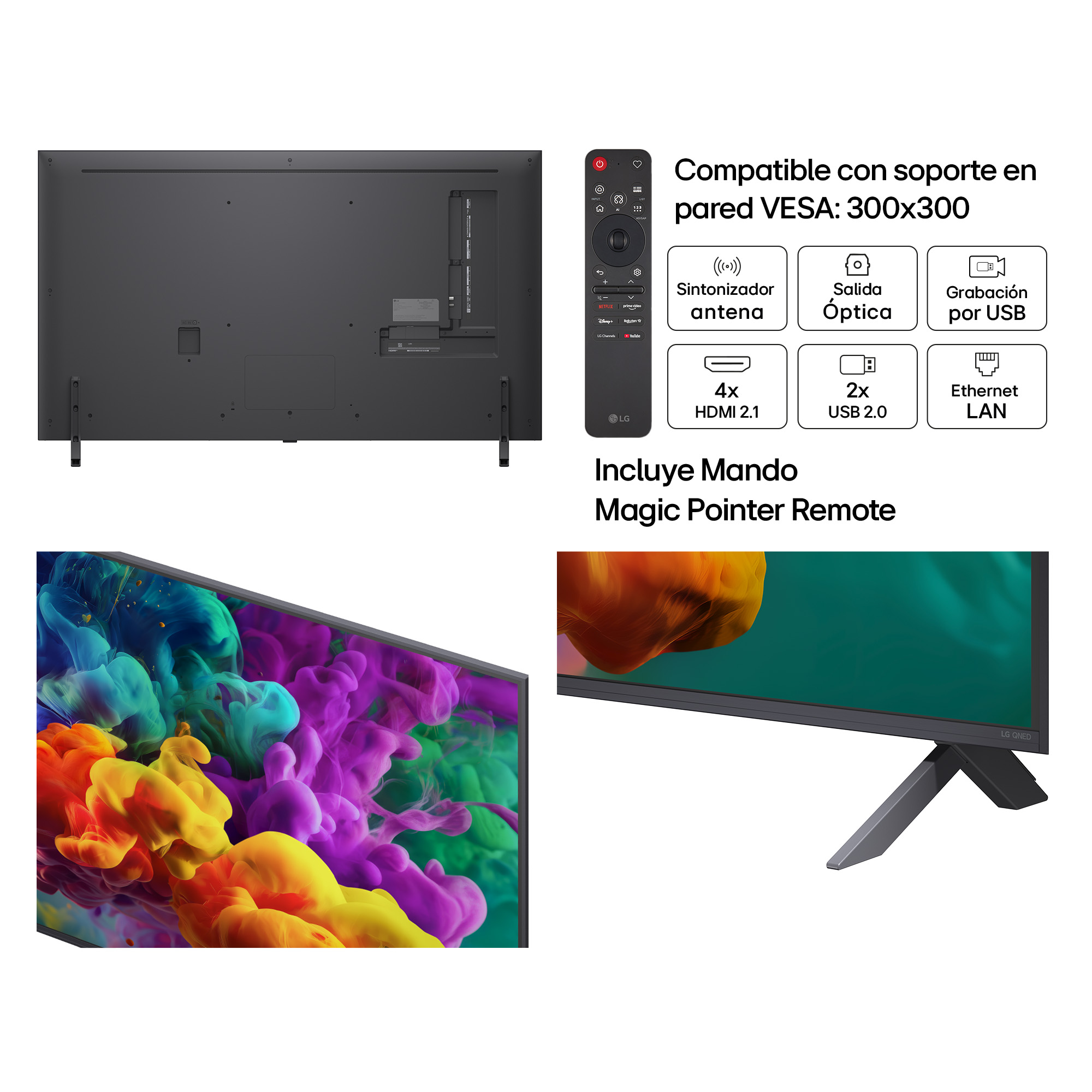 Reverso de un televisor mostrando puertos, mando y características.