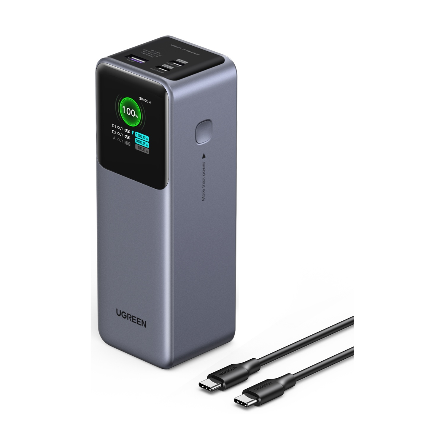Power bank UGREEN grigio con schermo e due cavi USB-C.