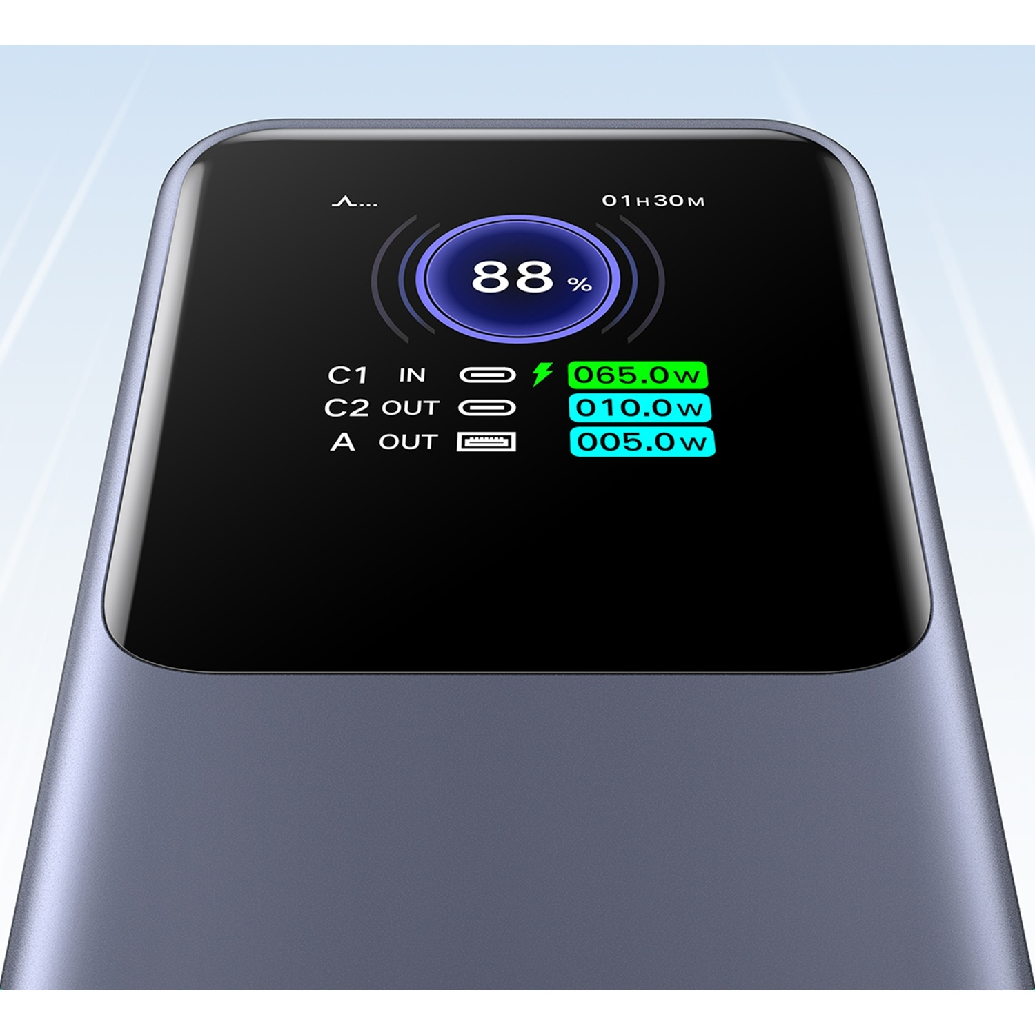 Un caricabatterie grigio mostra 88% di batteria e 065.0W di potenza.