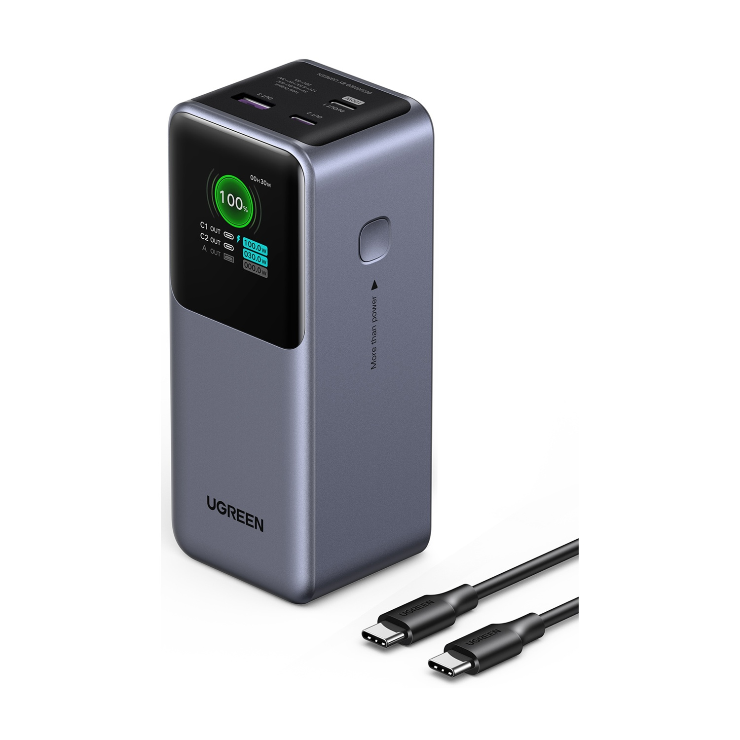 Power bank UGREEN con schermo al 100% e due cavi USB-C.