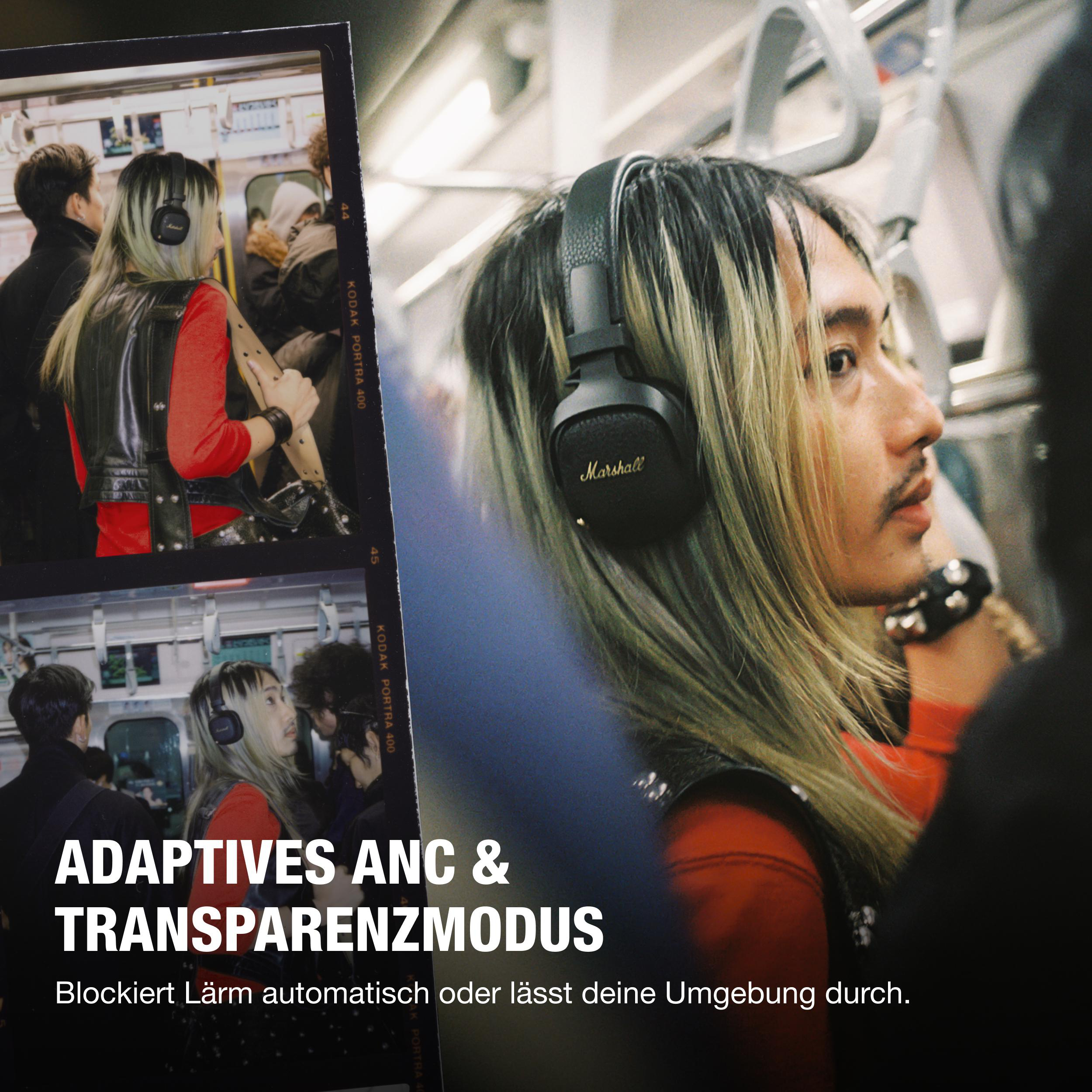 Ein Mann mit Kopfhörern in einem Zug. "Adaptives ANC & Transparenzmodus" steht dort.